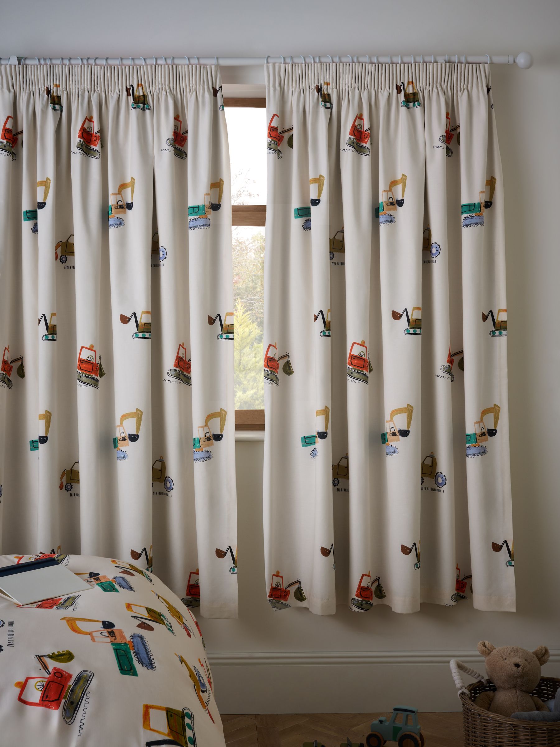 Neutral Diggers pencil pleat blackout curtains, imported from the UK