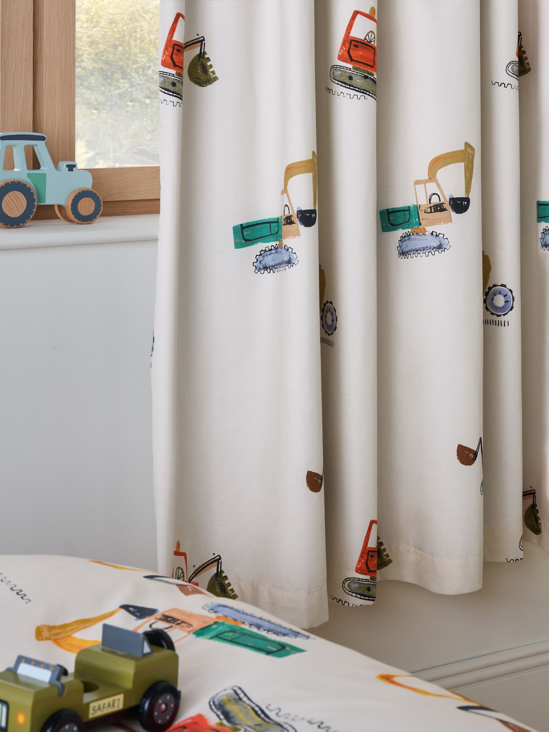 Neutral Diggers pencil pleat blackout curtains, imported from the UK