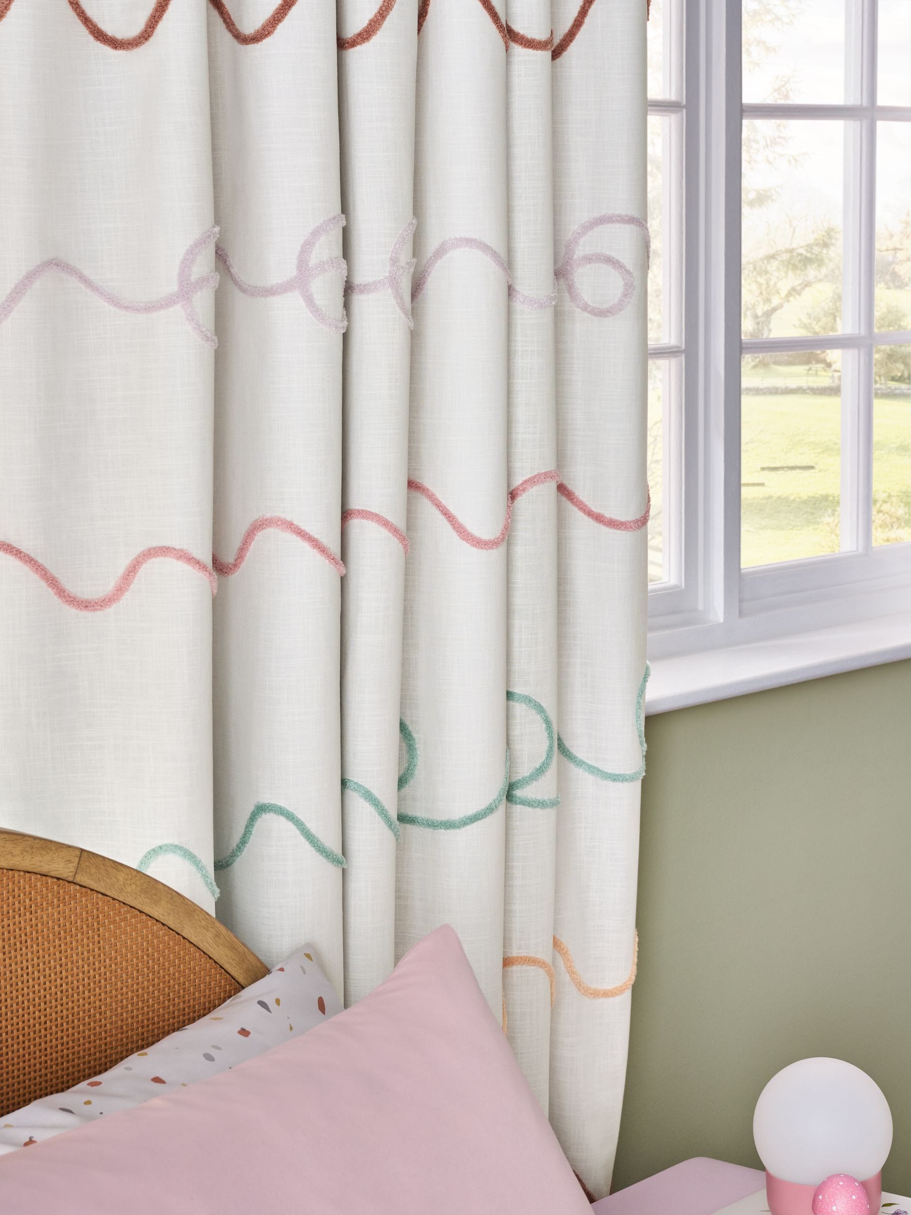 Bright tufted blackout curtains orange pink pencil pleat (British brand)