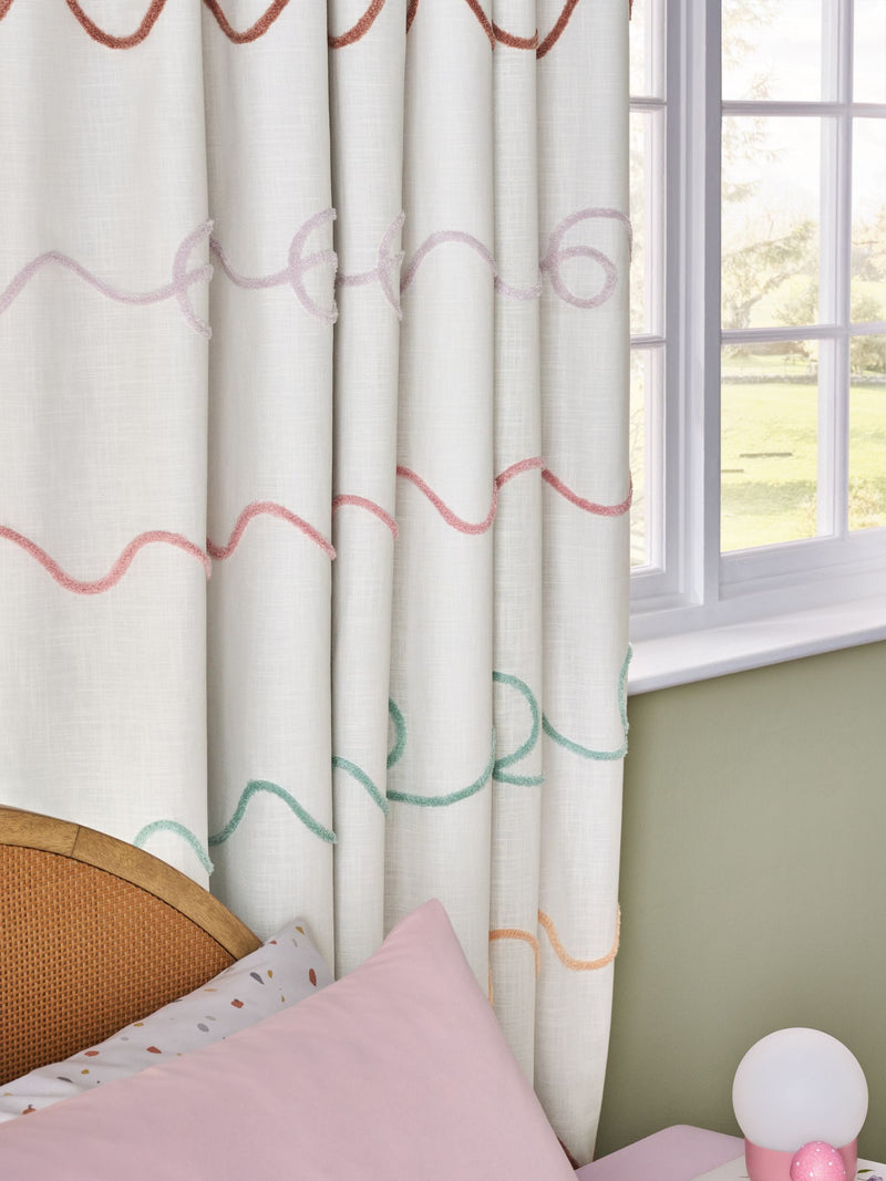 Bright tufted blackout curtains orange pink pencil pleat (British brand)
