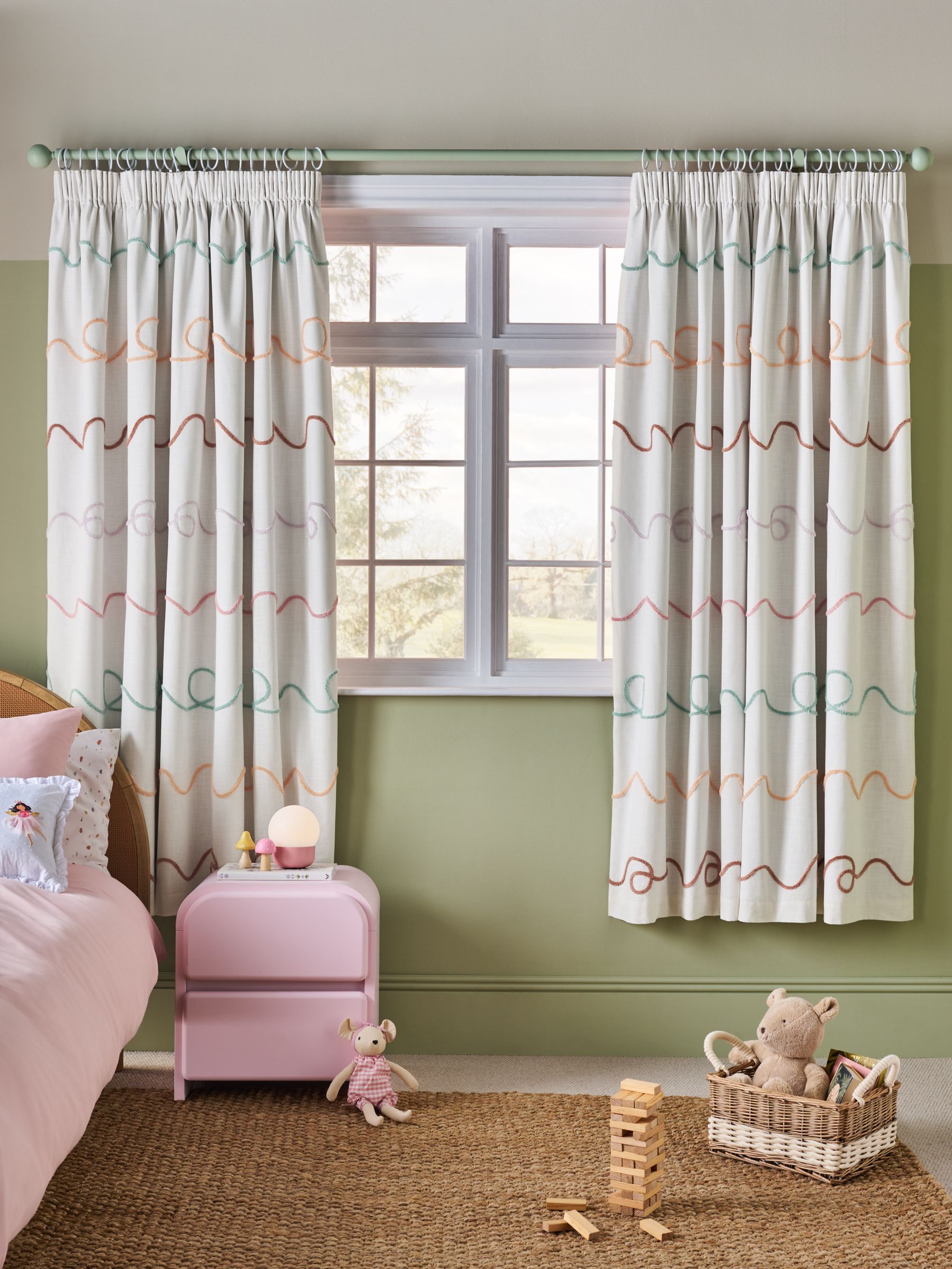 Bright tufted blackout curtains orange pink pencil pleat (British brand)