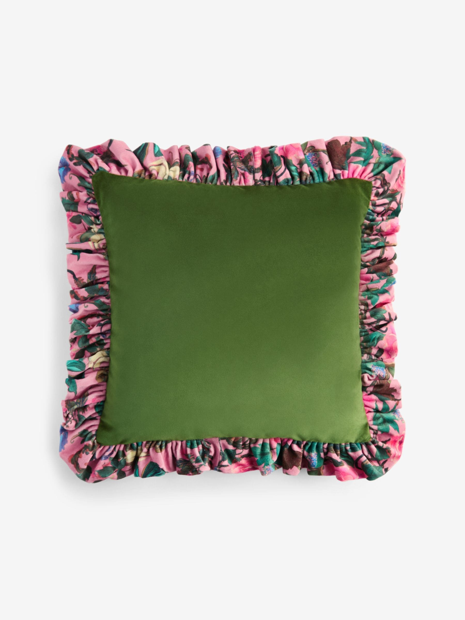 Velvet cushion with maximalist floral ruffle trim 50x50cm (British brand)