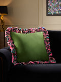 Velvet cushion with maximalist floral ruffle trim 50x50cm (British brand)