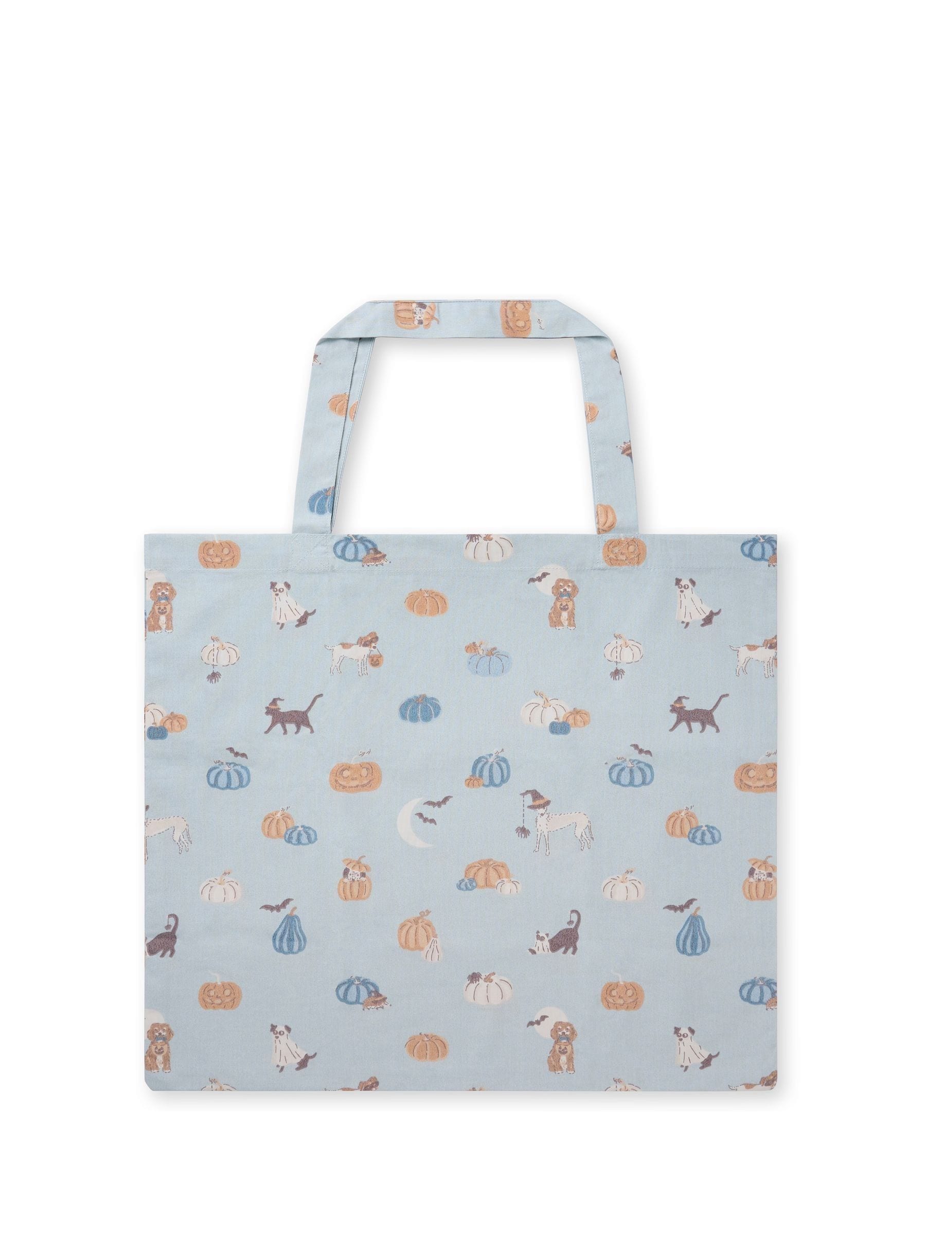 Sophie Allport folding shopping bag with soft teal Paws and Pumpkins design - British product