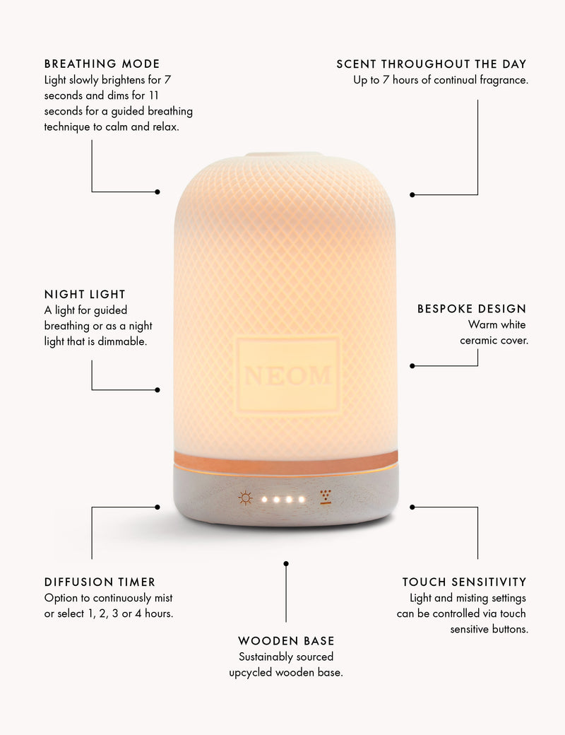 NEOM Wellbeing Pod aromatherapy diffuser with ceramic cover and wood base (British brand)