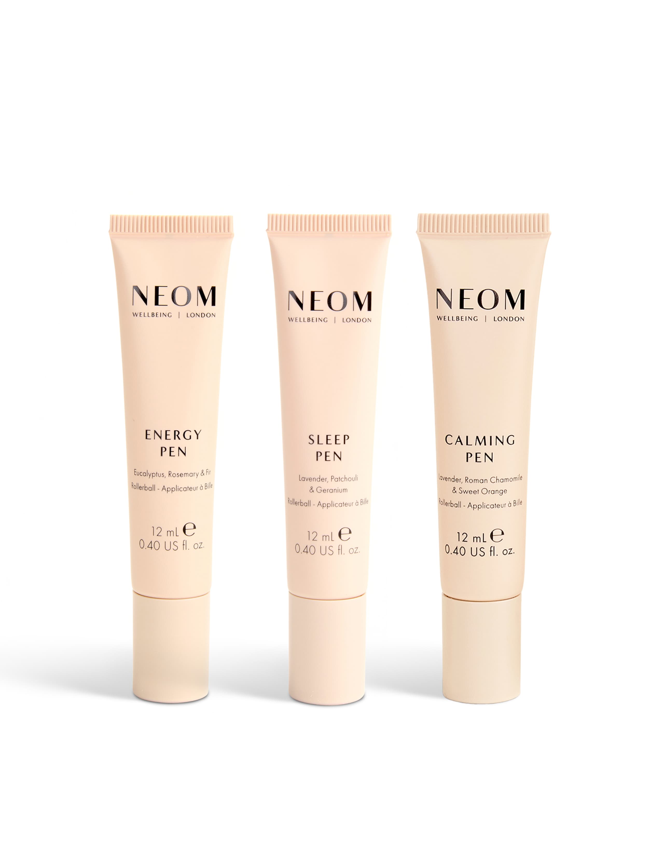 NEOM Wellbeing Pen Discovery Set three 12ml aromatherapy pens, imported from the UK