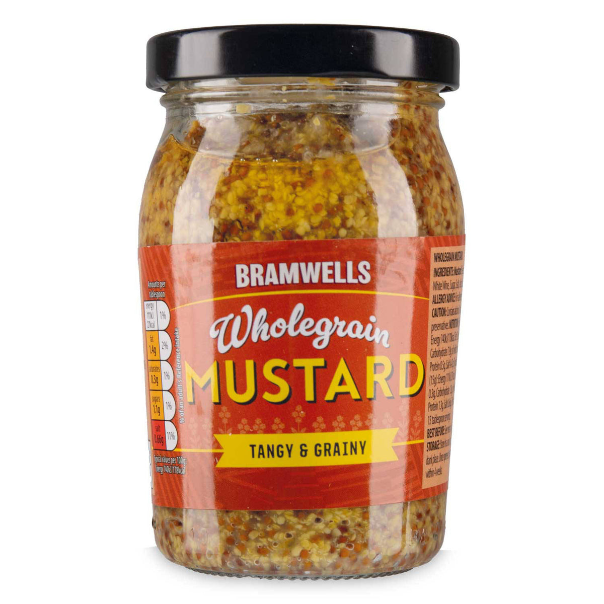 Wholegrain mustard condiment made with 27% mustard seeds (British brand)