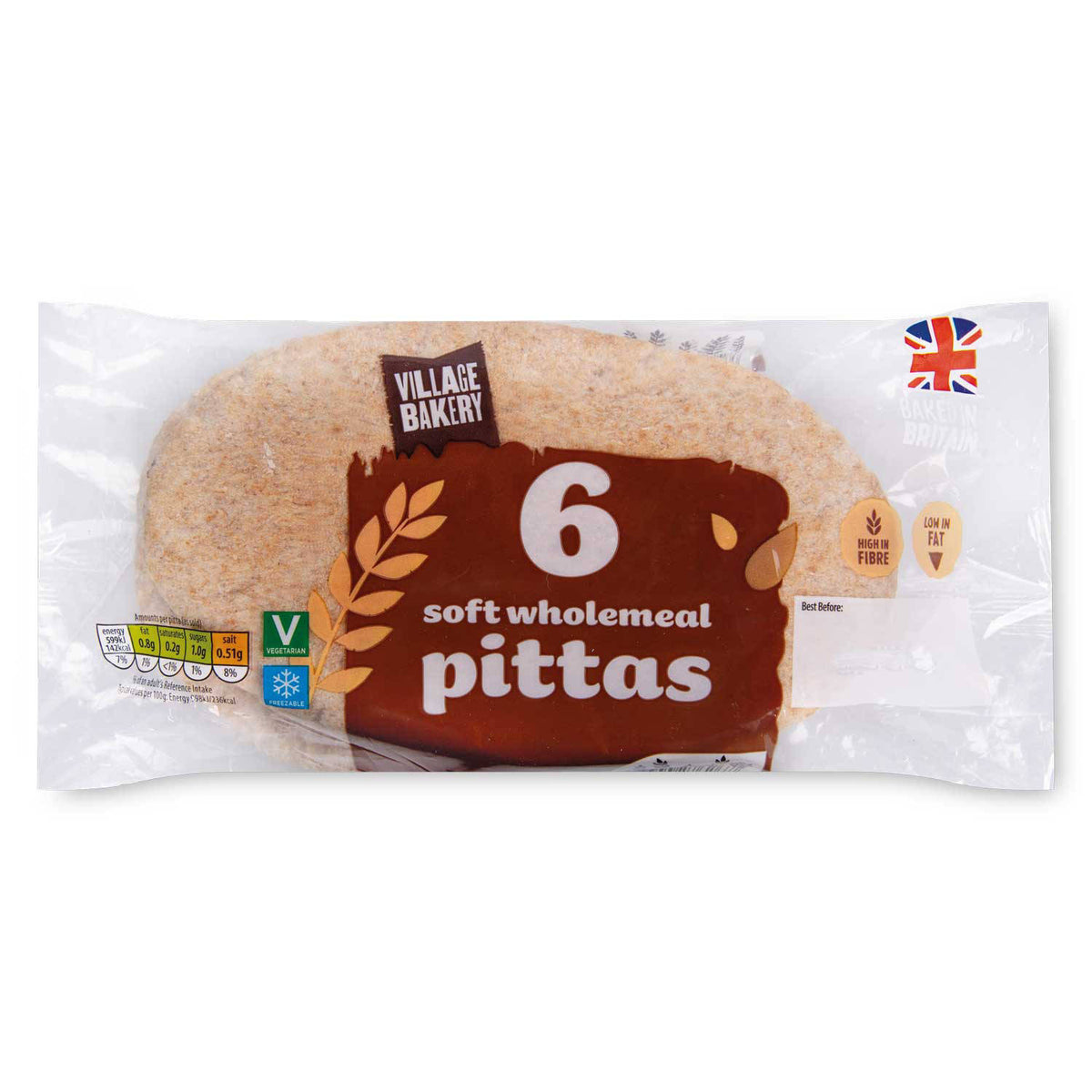 Wholemeal pitta breads, pack of 6, 360g, imported from the UK