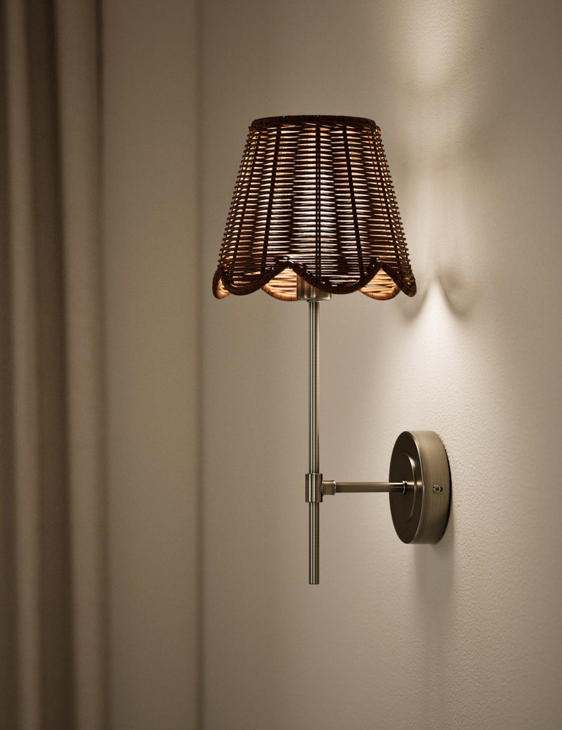 Wicker scalloped wall light with antique brass finish, UK version