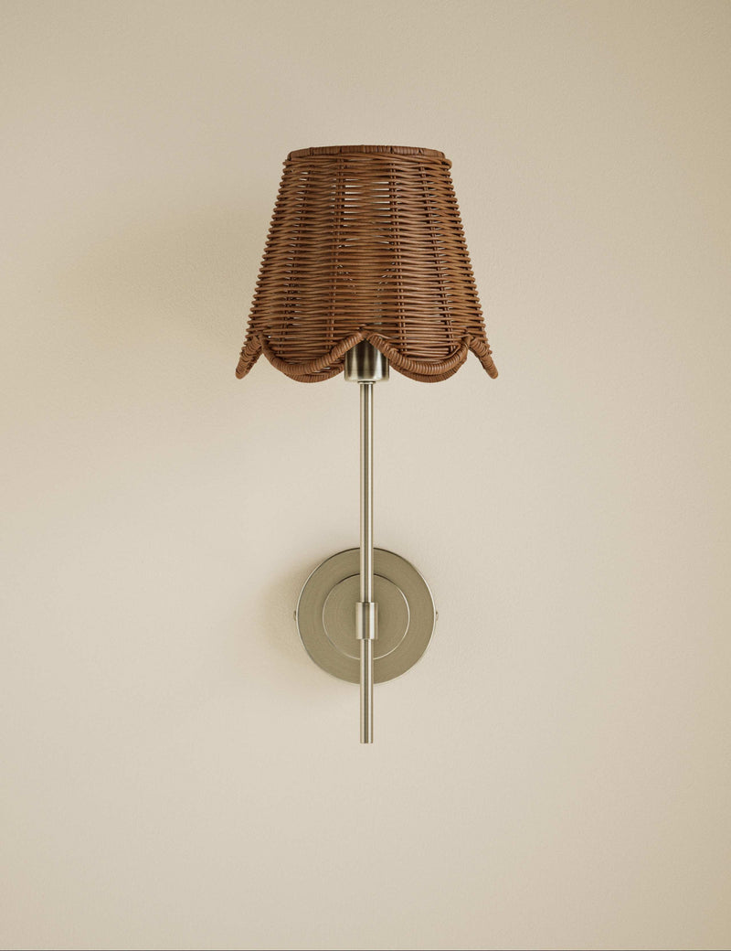Wicker scalloped wall light with antique brass finish, UK version