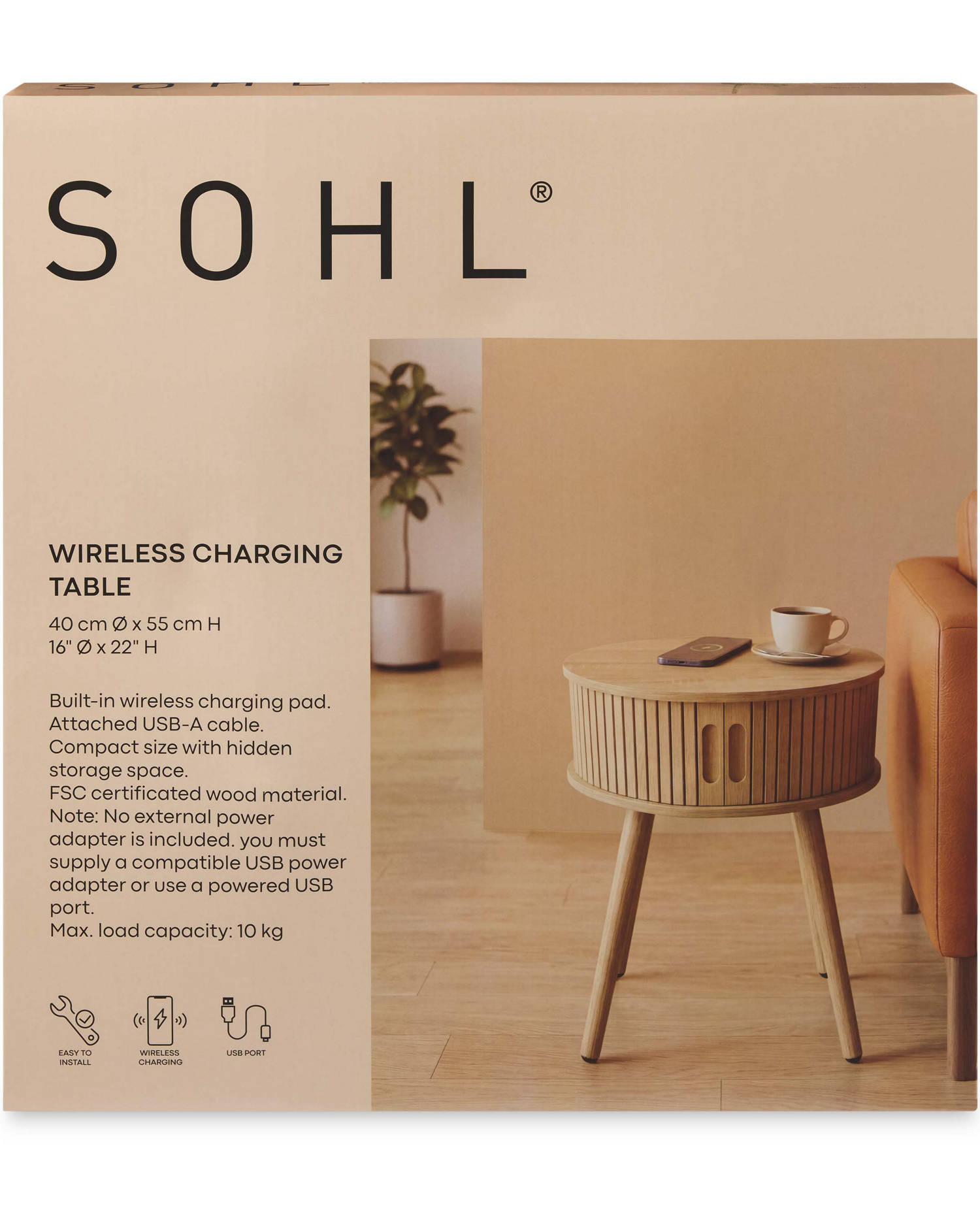 Wireless charging table with built-in charging pad and hidden storage (British brand)
