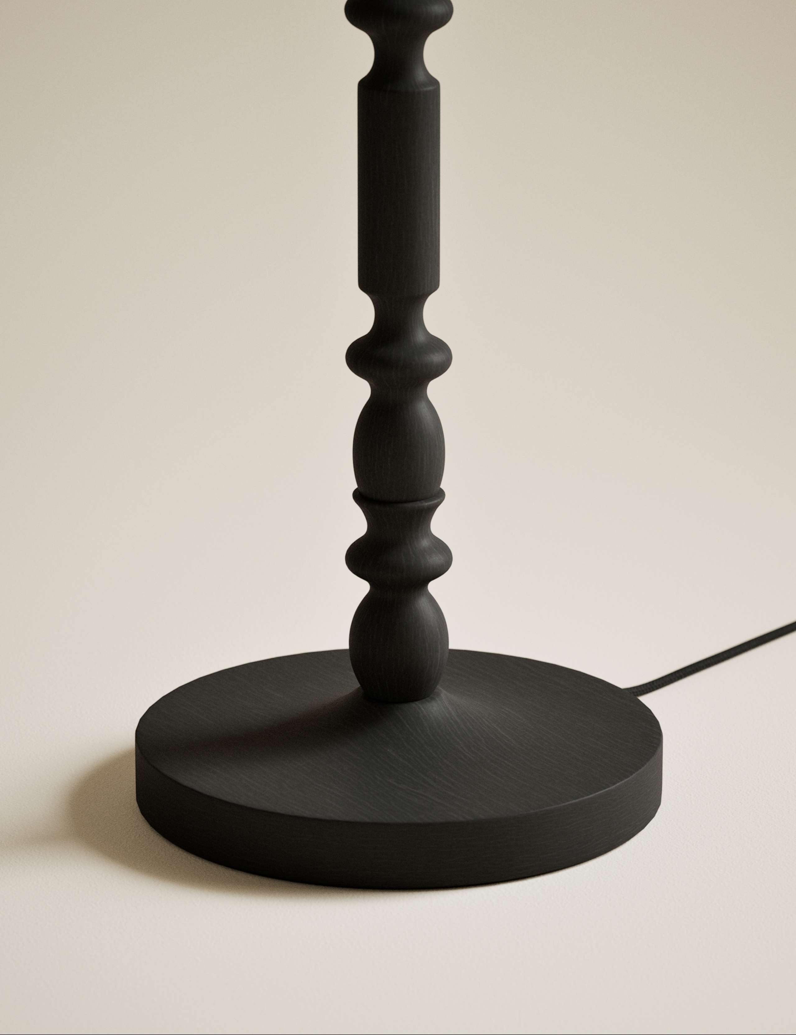 Bobbin floor lamp with wooden detailing and cylinder shade, imported from the UK