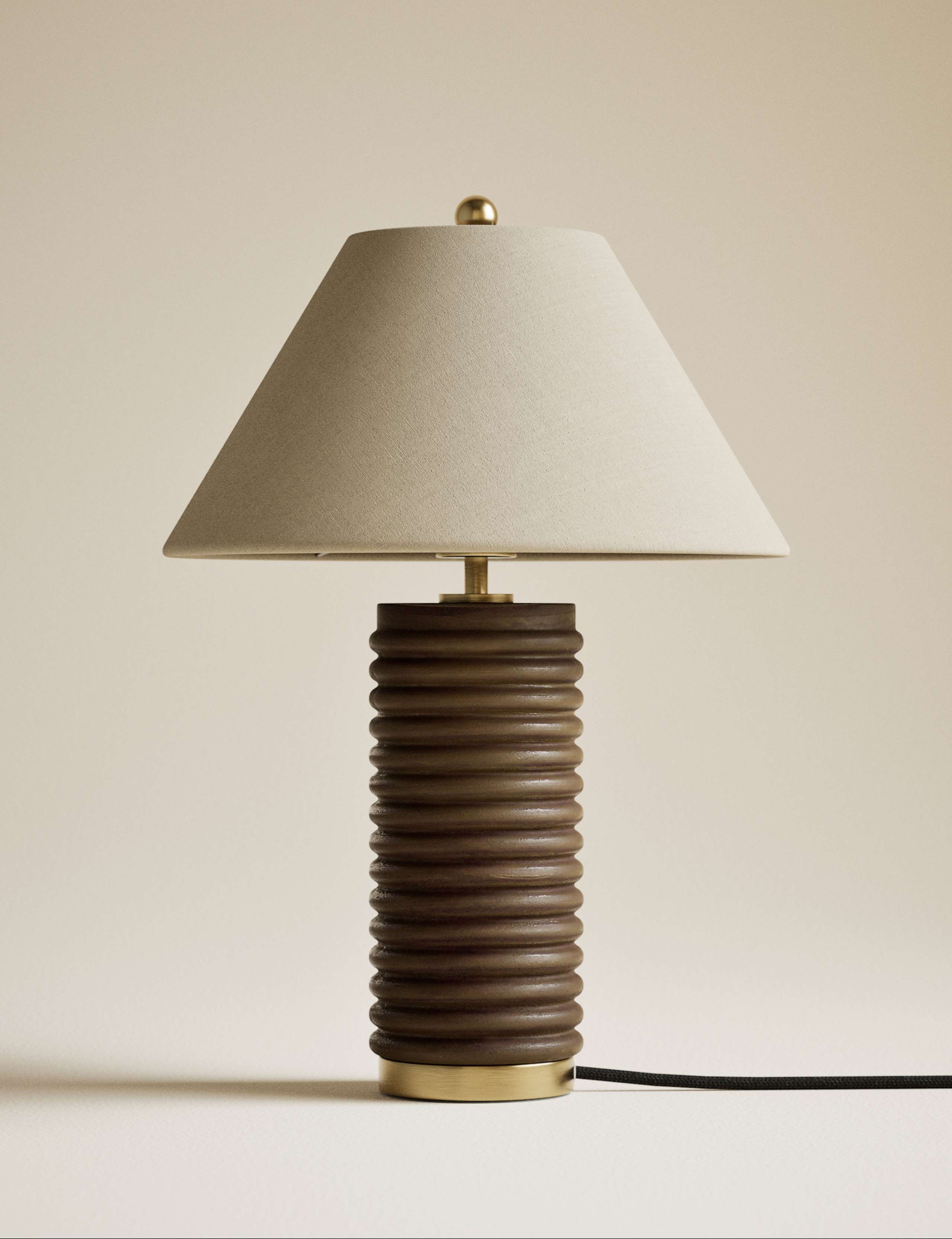Wooden ribbed table lamp with linen shade and brass accents - British product