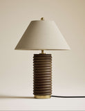 Wooden ribbed table lamp with linen shade and brass accents - British product