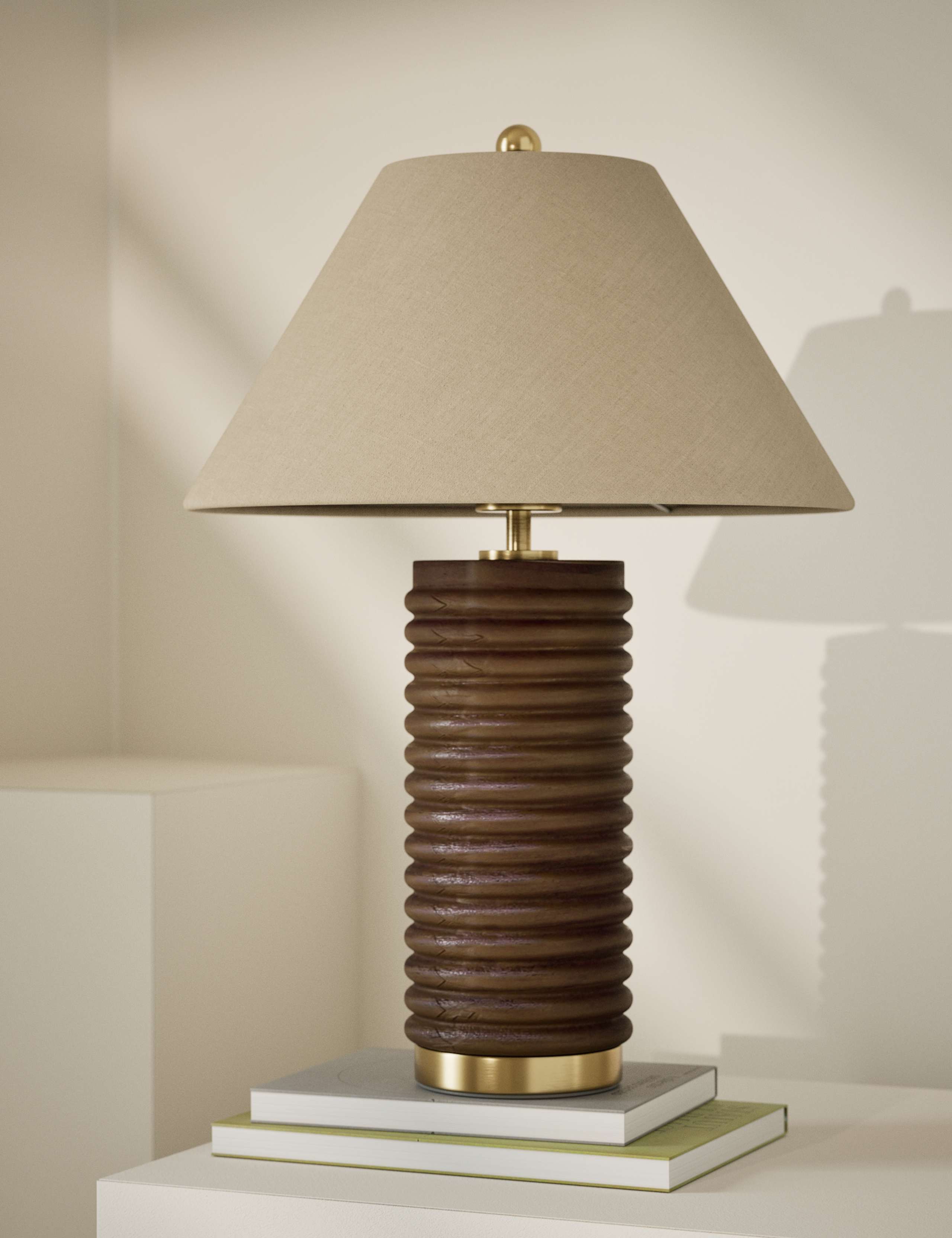 Wooden ribbed table lamp with linen shade and brass accents - British product