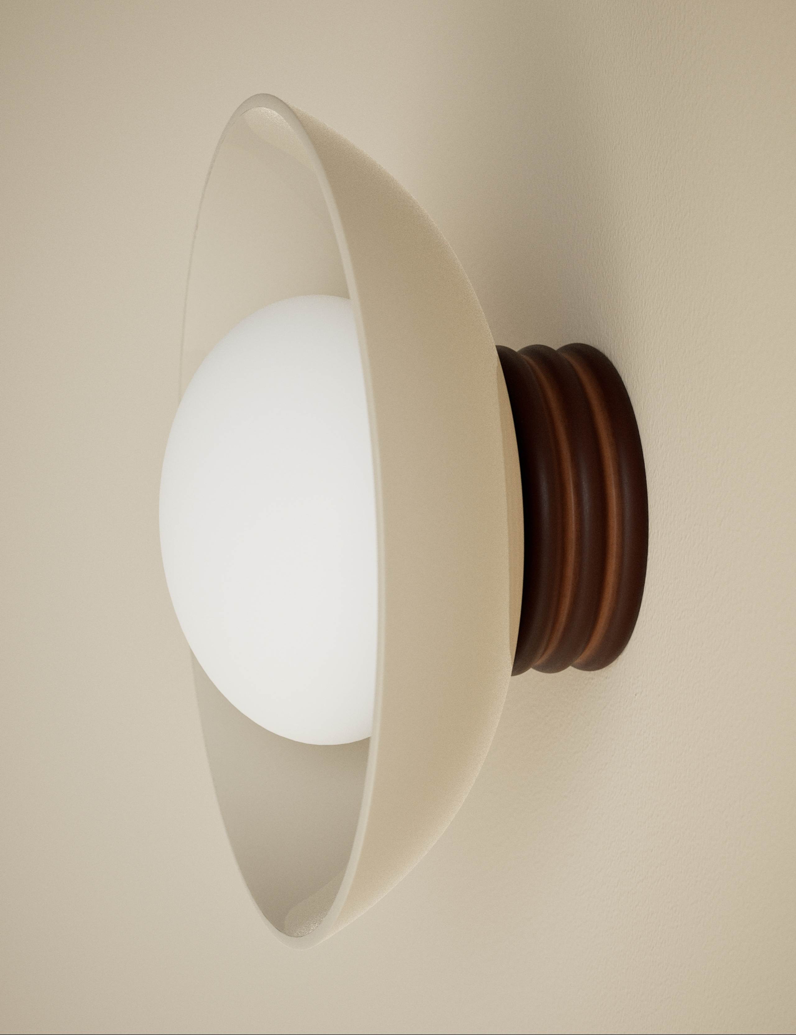 Wooden ribbed wall light with glass shade, imported from the UK