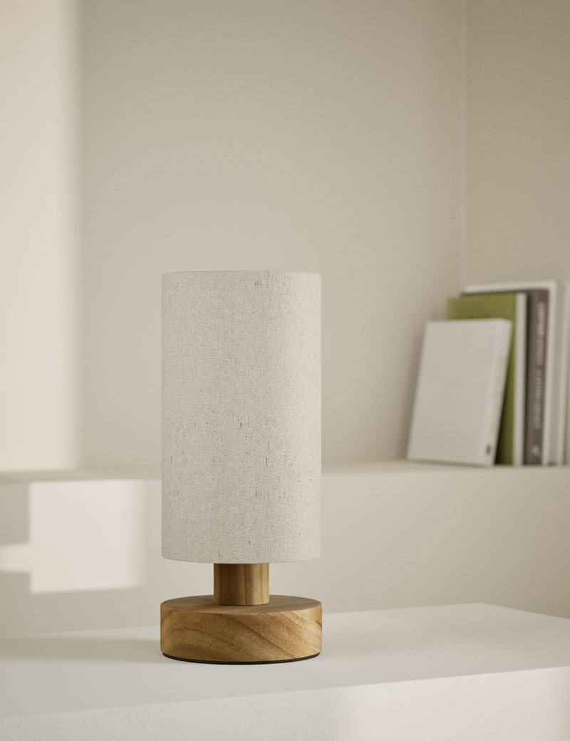 Wooden table lamp 28cm with textured shade, imported from the UK