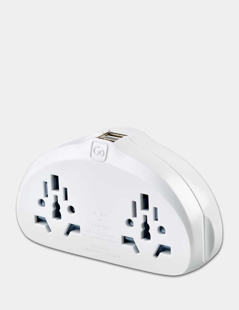 Travel adapter with twin sockets and USB ports for European use (British brand)