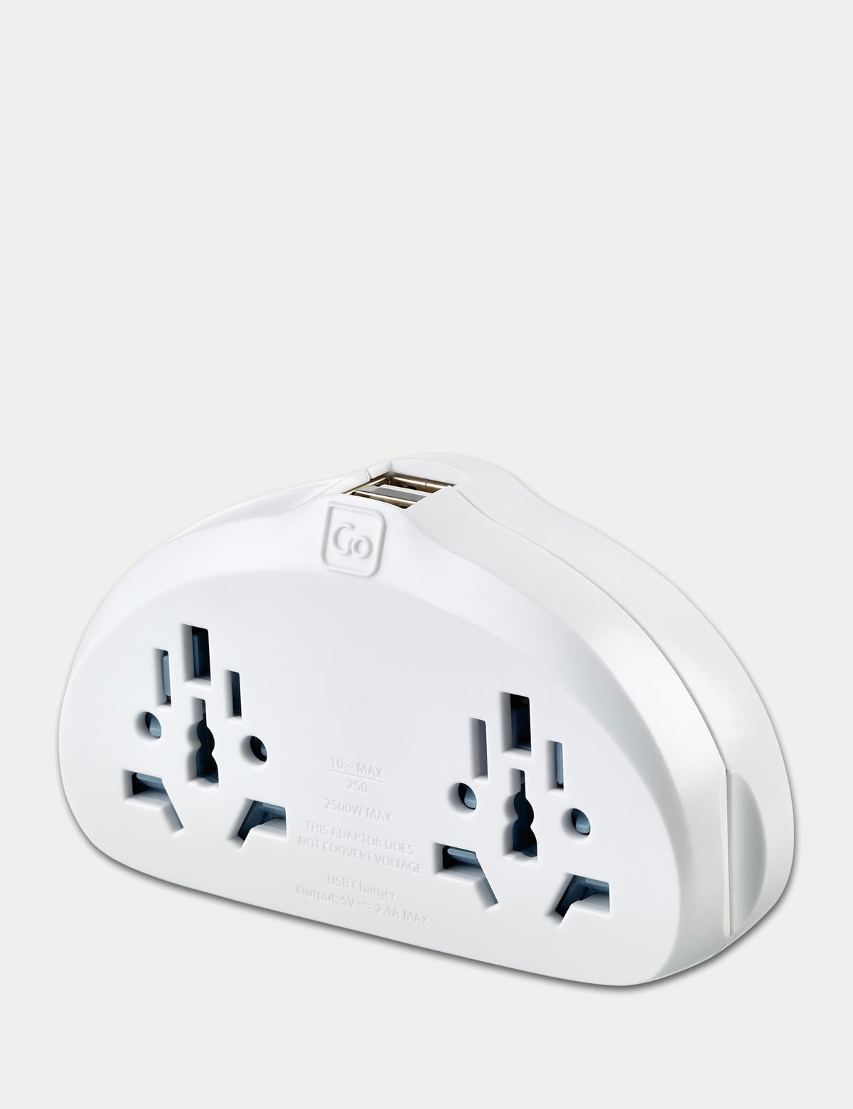 Travel adapter with twin sockets and USB ports for European use (British brand)