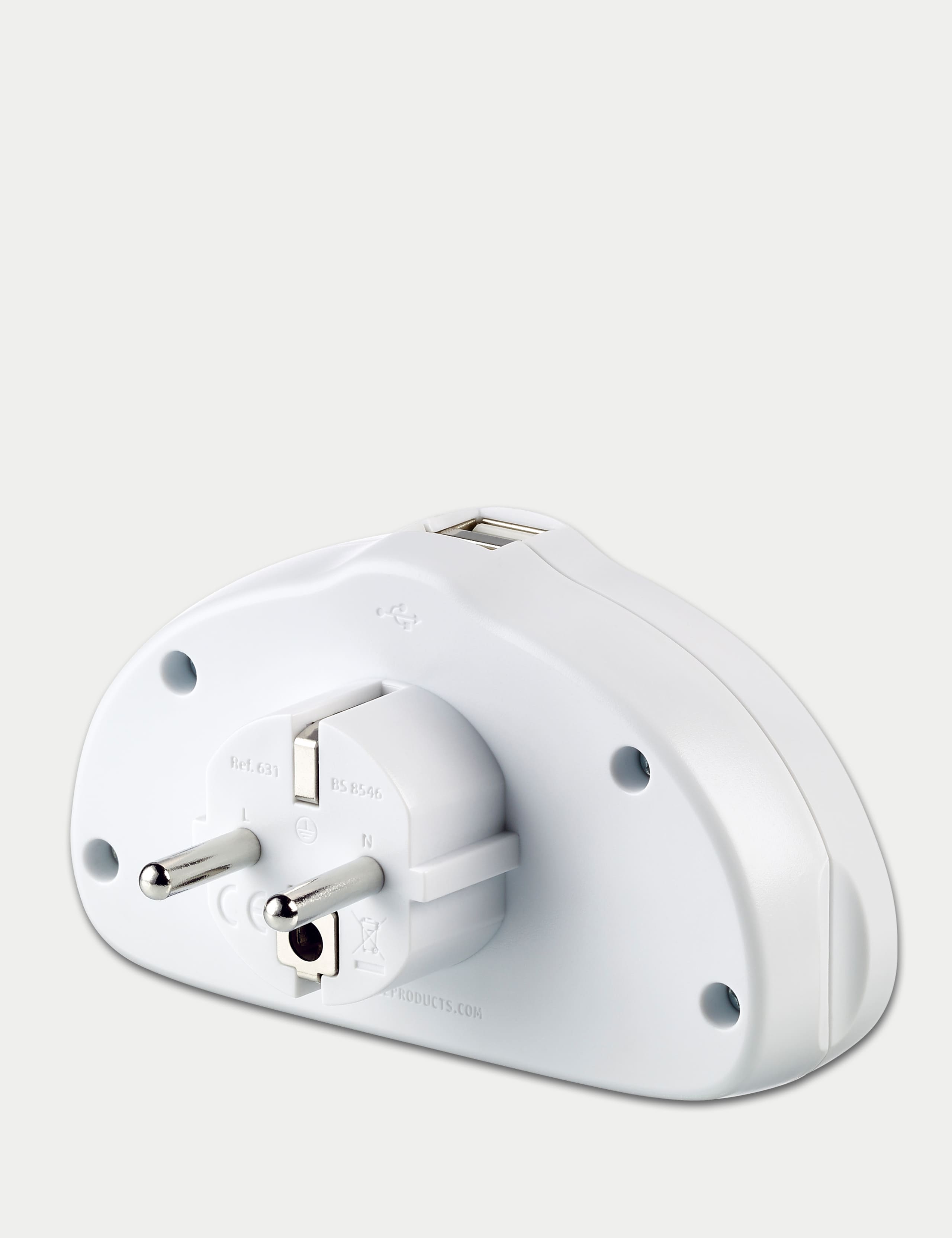 Travel adapter with twin sockets and USB ports for European use (British brand)