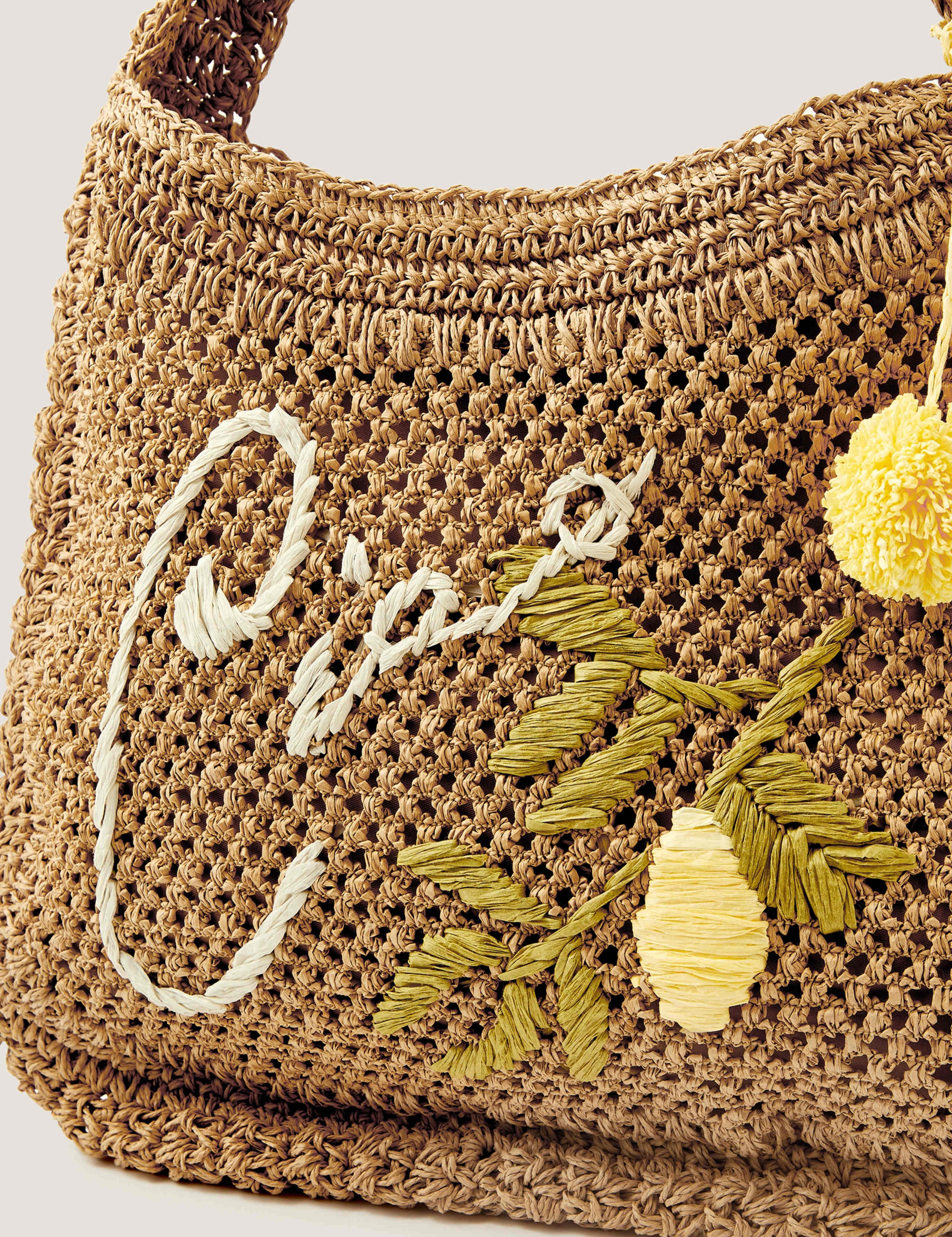 Monsoon woven embroidered shoulder bag with pom pom charm - British product