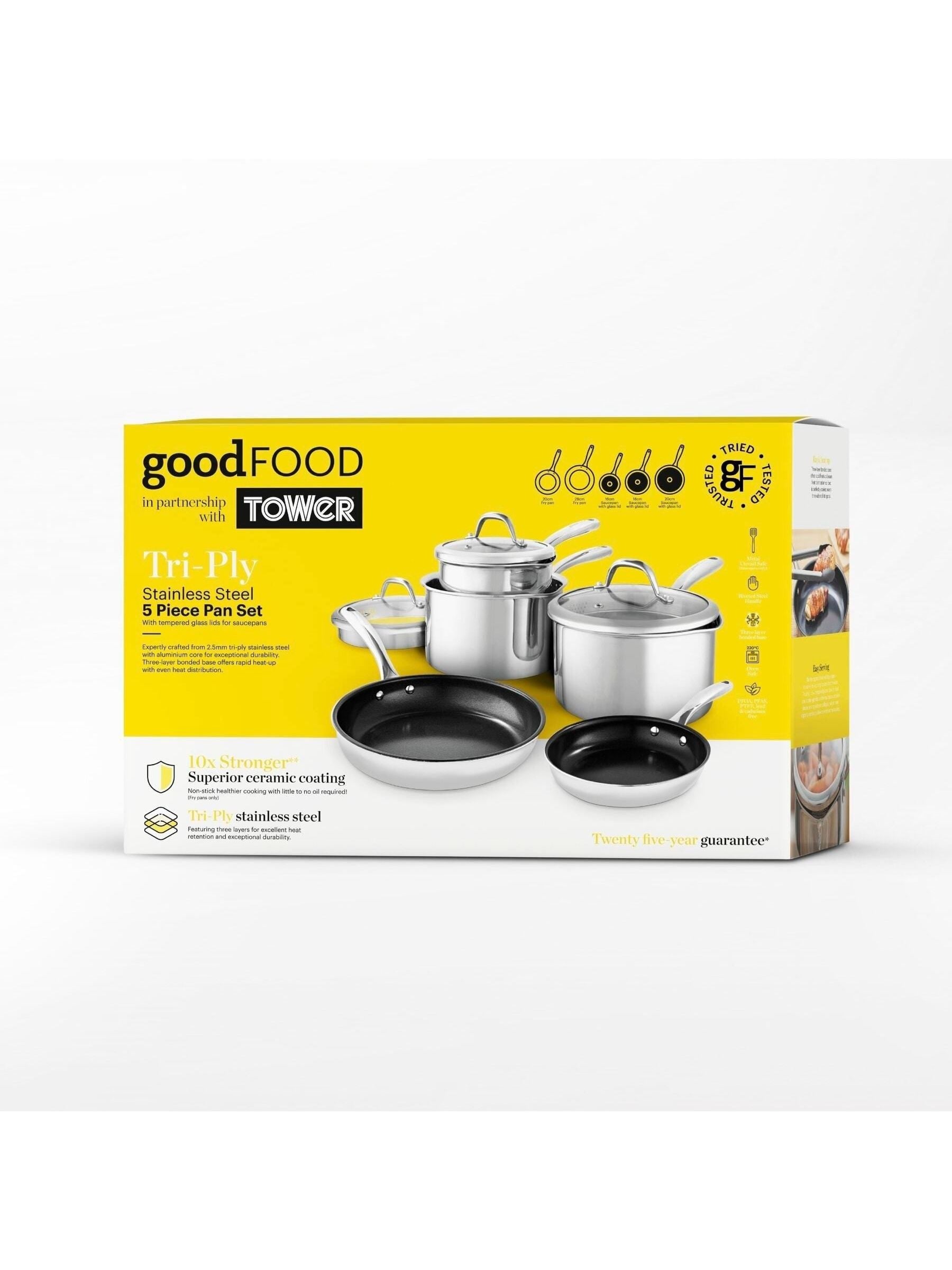 Good Food stainless steel tri-ply cookware set 5-piece, UK version