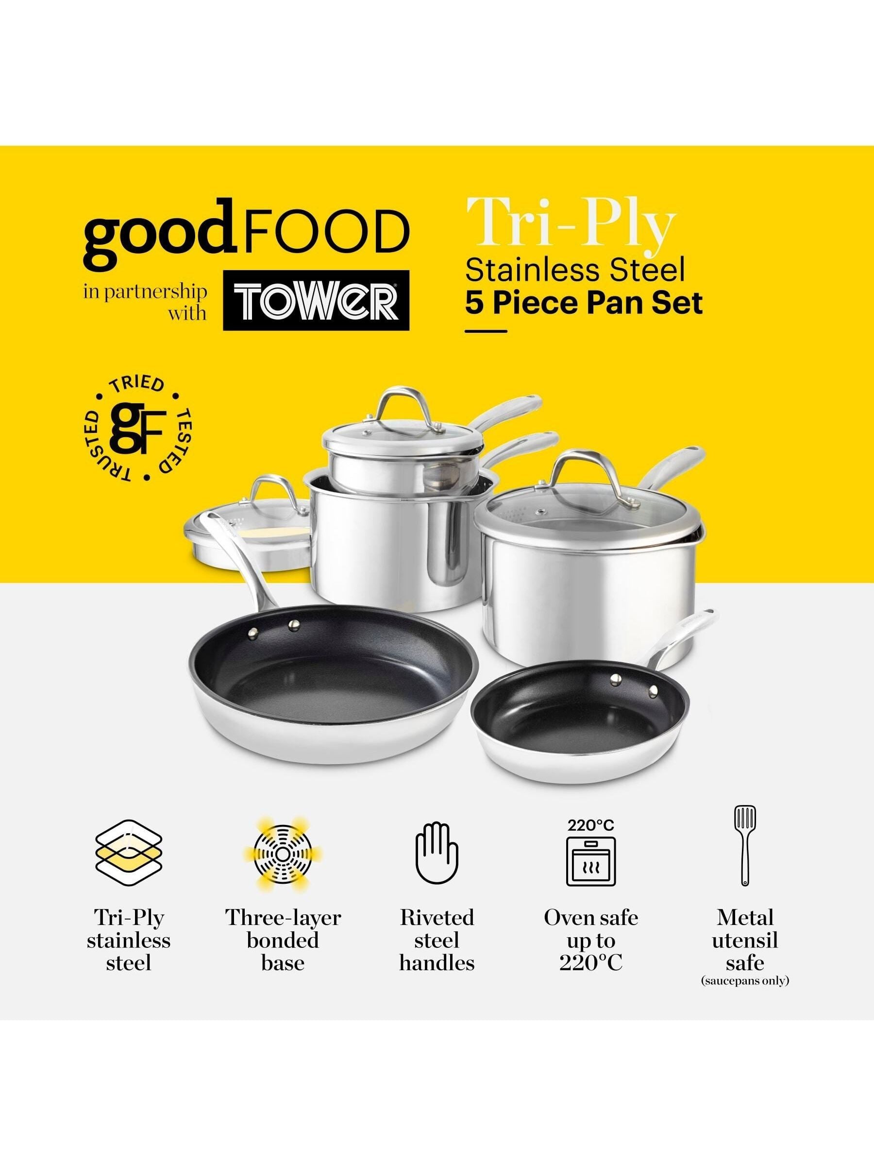 Good Food stainless steel tri-ply cookware set 5-piece, UK version