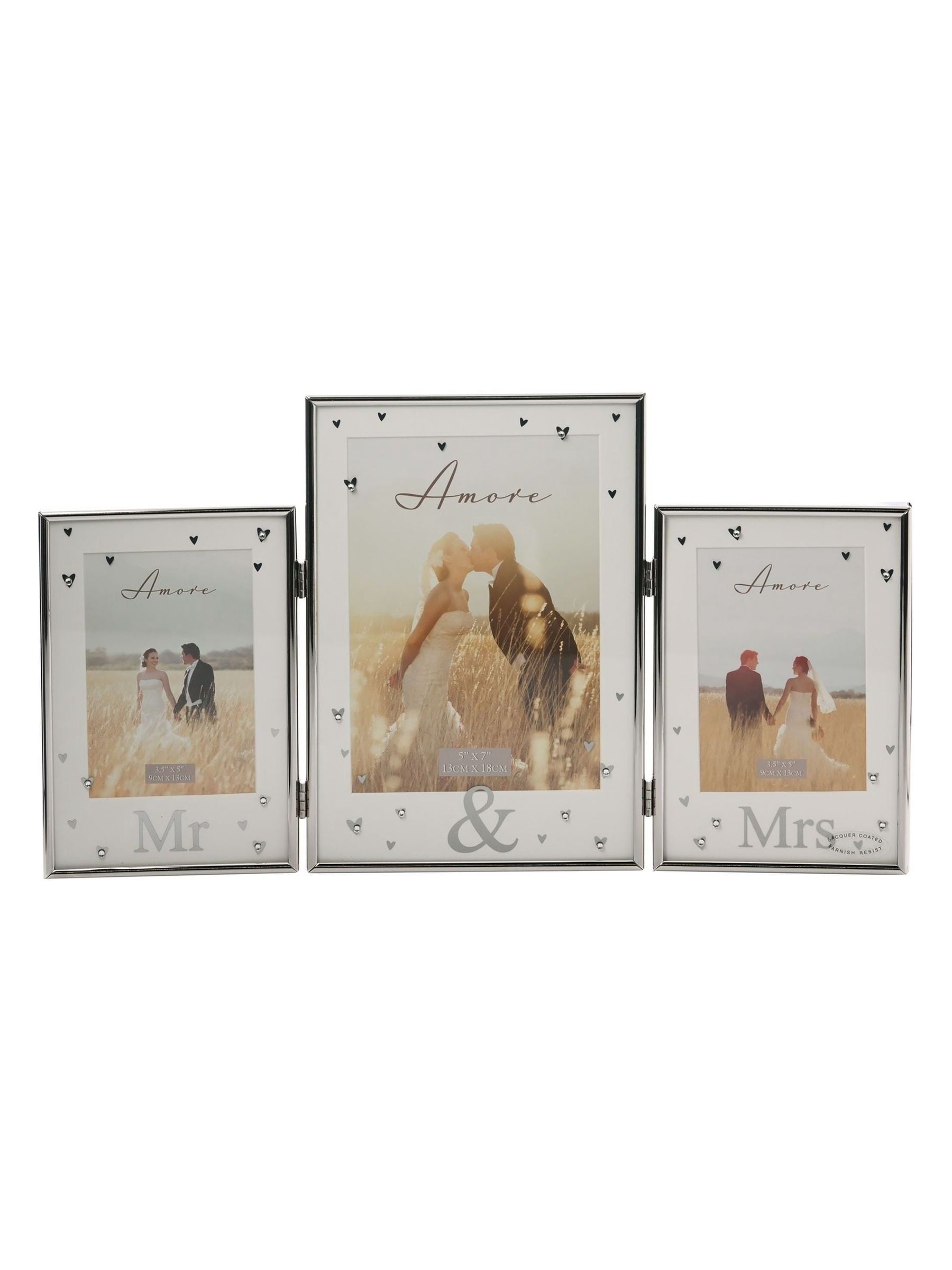 Amore by Juliana silver triple photo frame with Mr & Mrs design, 22cm x 40cm x 1cm (British brand)