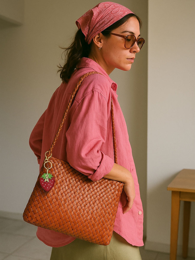 Jonnys Sister strawberry bag accessory with letter charm, imported from the UK