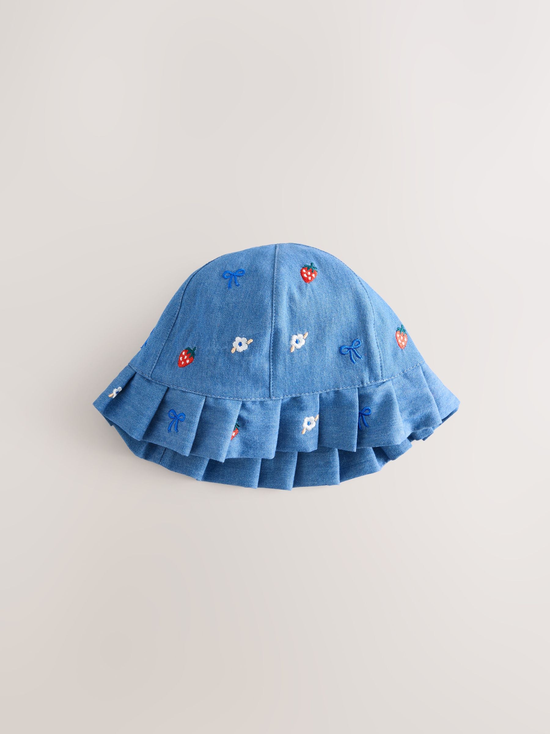 Embroidered strawberry baby bucket hats 2 pack denim and gingham (British brand)