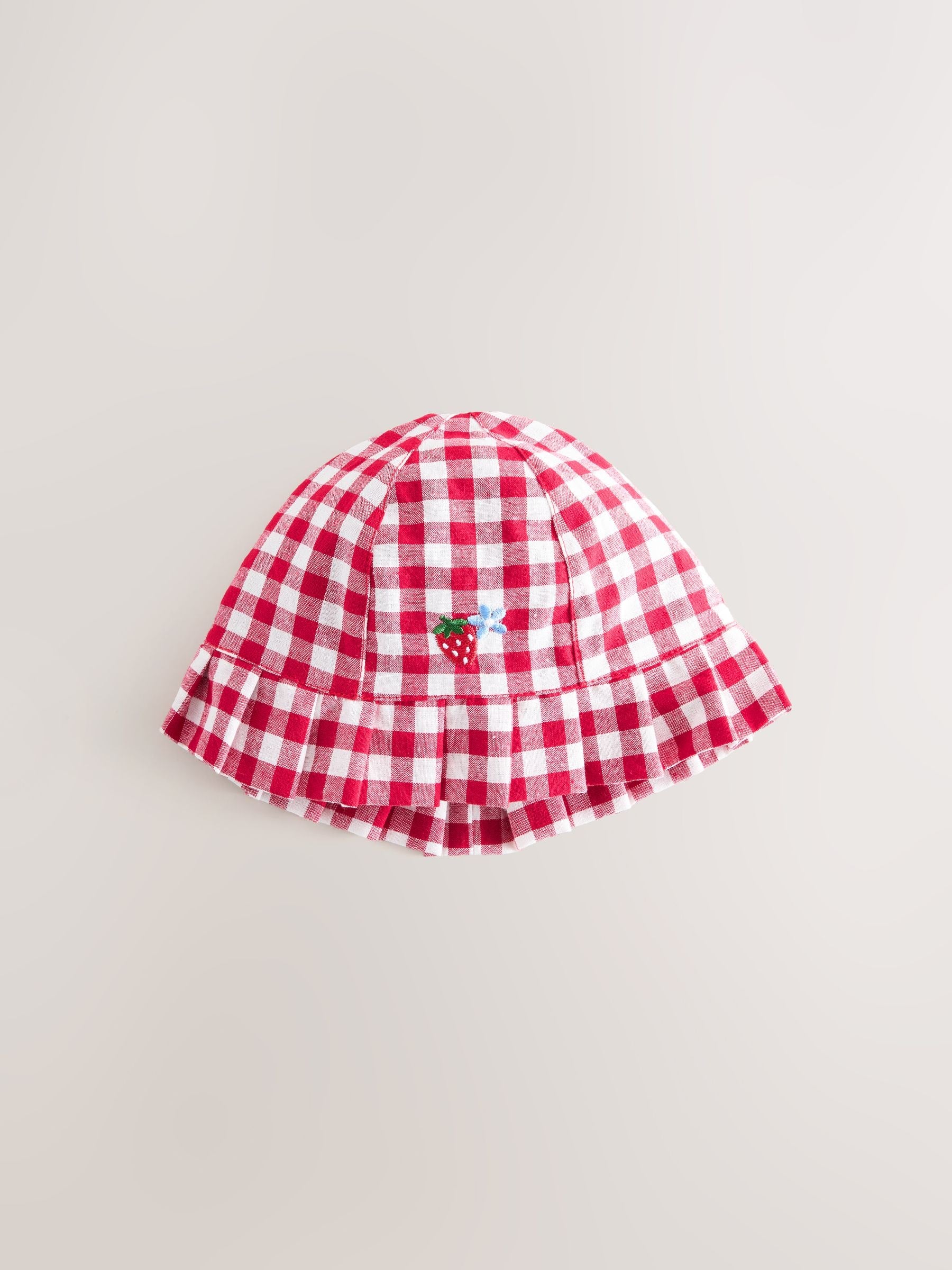 Embroidered strawberry baby bucket hats 2 pack denim and gingham (British brand)