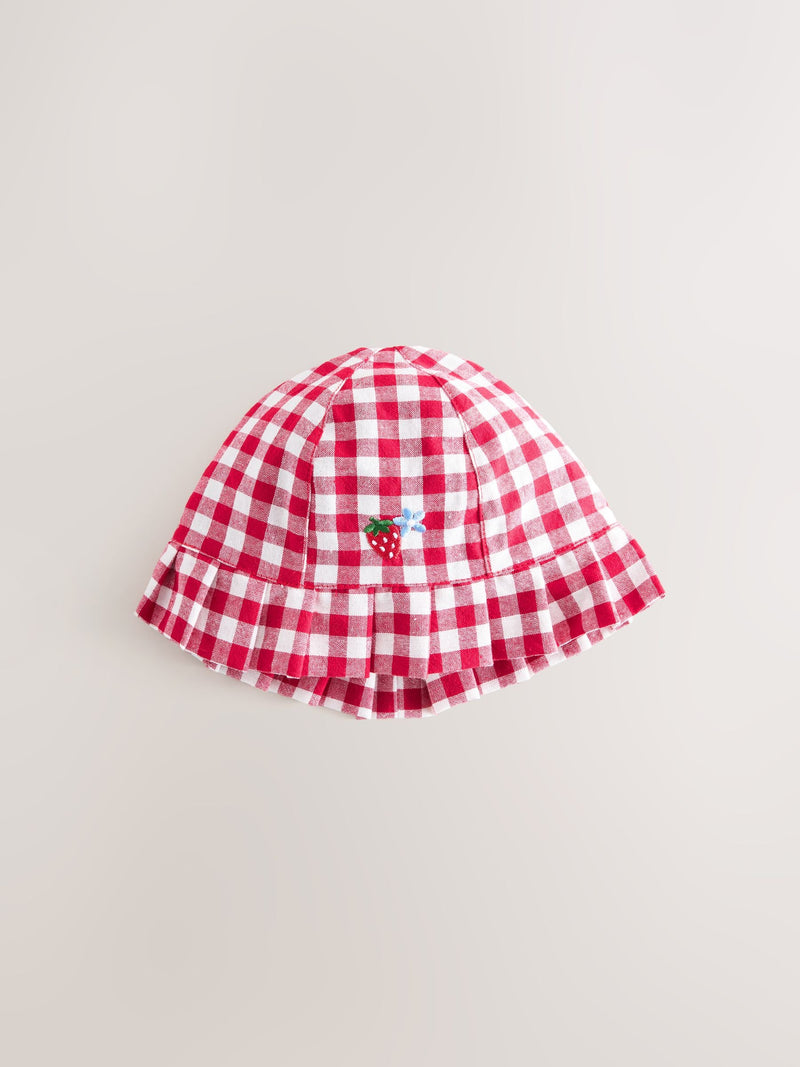 Embroidered strawberry baby bucket hats 2 pack denim and gingham (British brand)