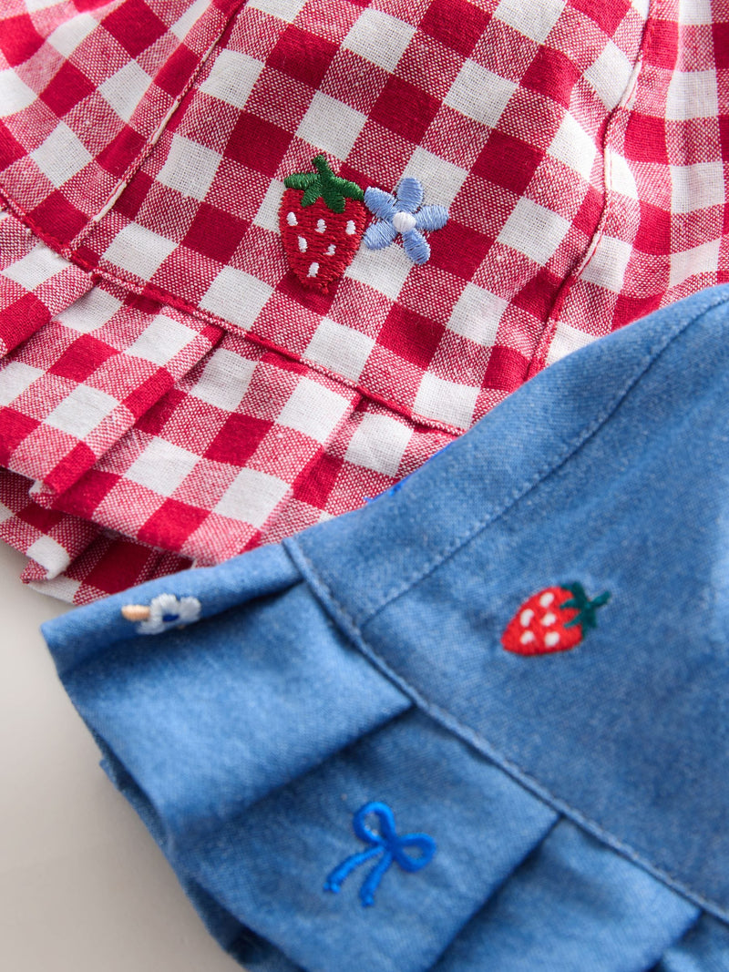 Embroidered strawberry baby bucket hats 2 pack denim and gingham (British brand)
