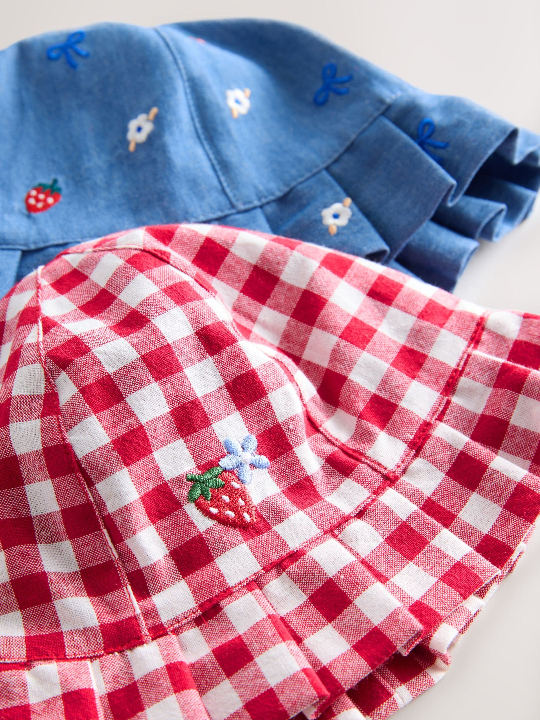 Embroidered strawberry baby bucket hats 2 pack denim and gingham (British brand)