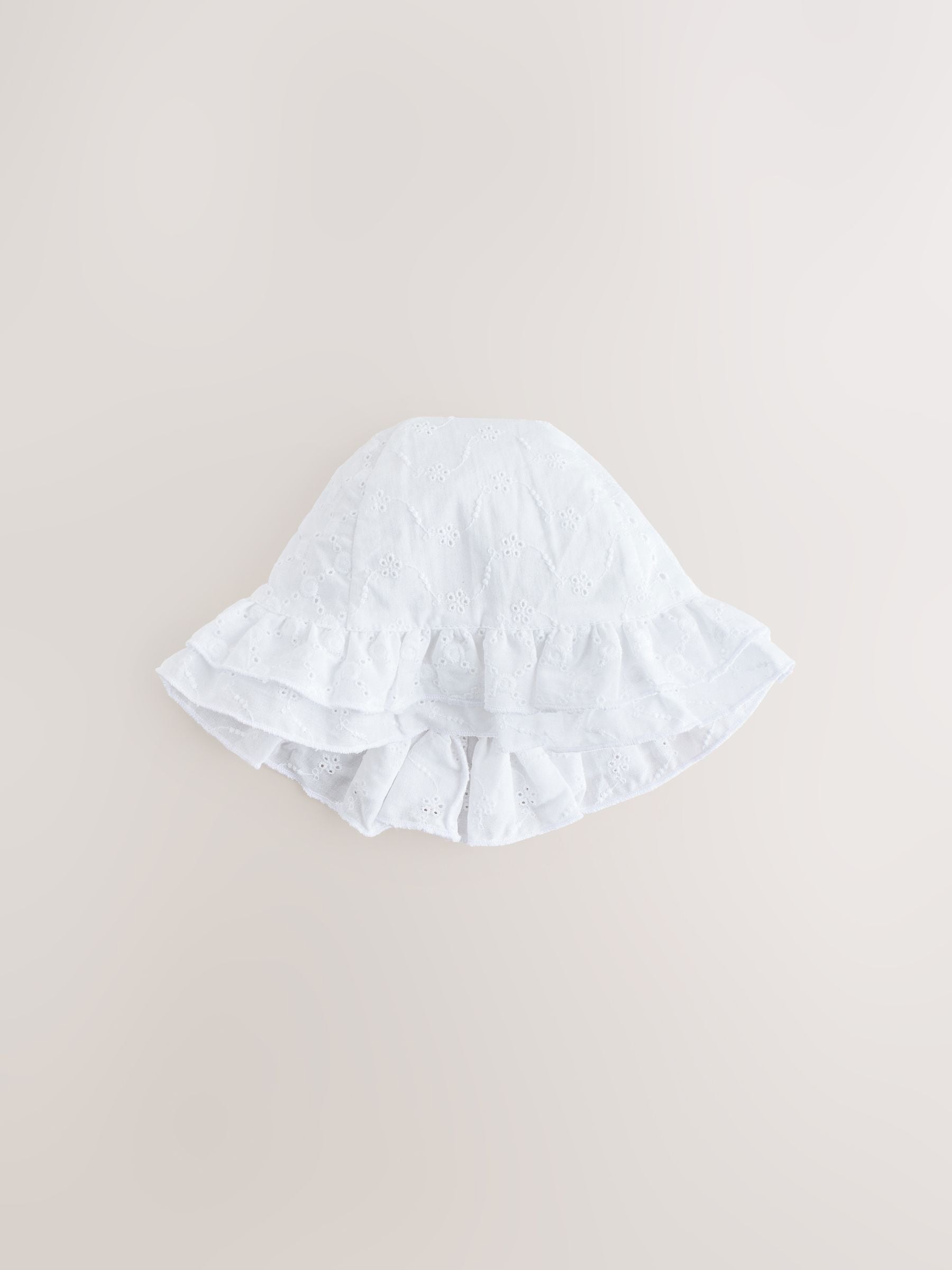 White broderie bucket baby hat, imported from the UK