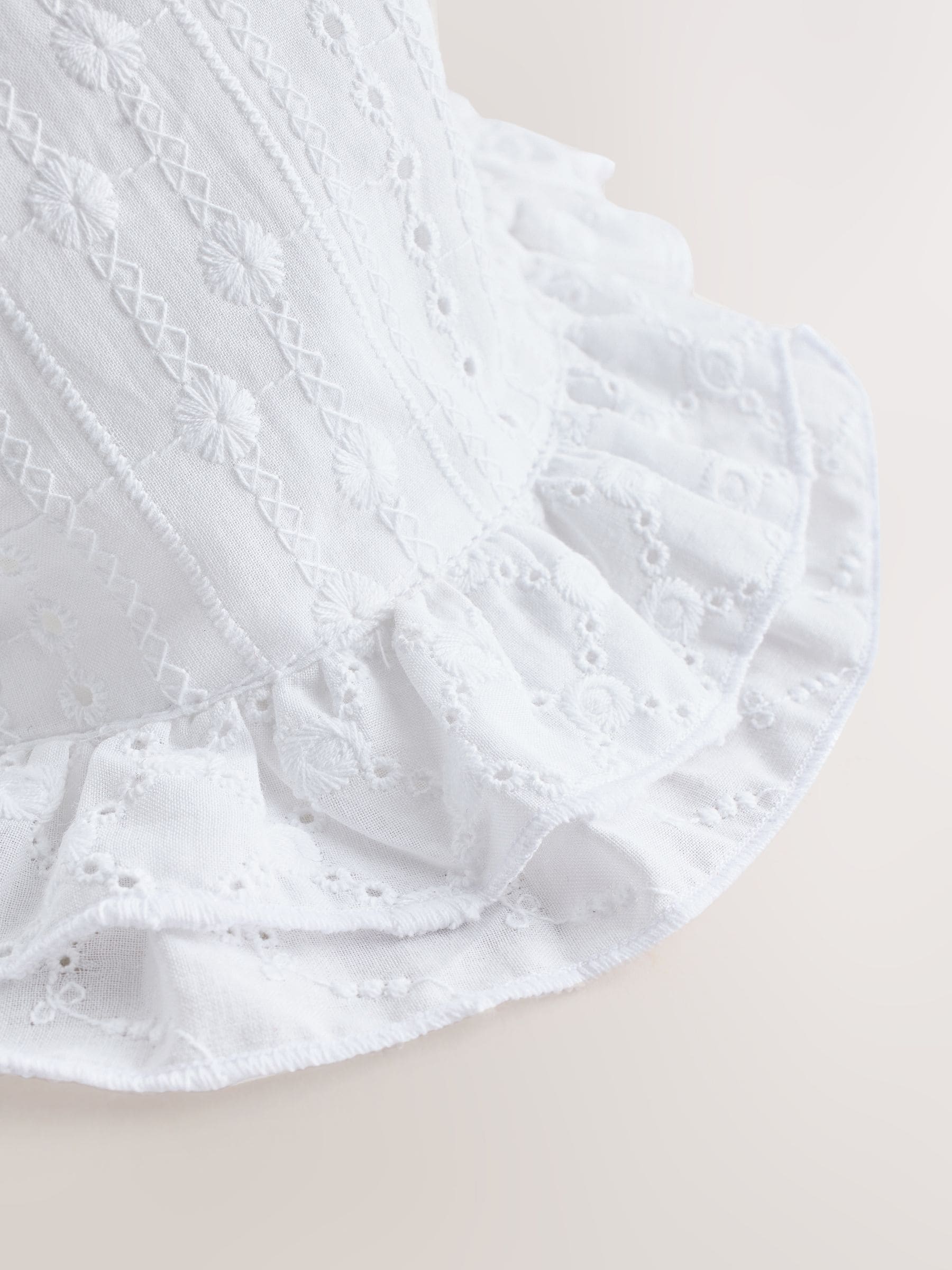 White broderie bucket baby hat, imported from the UK