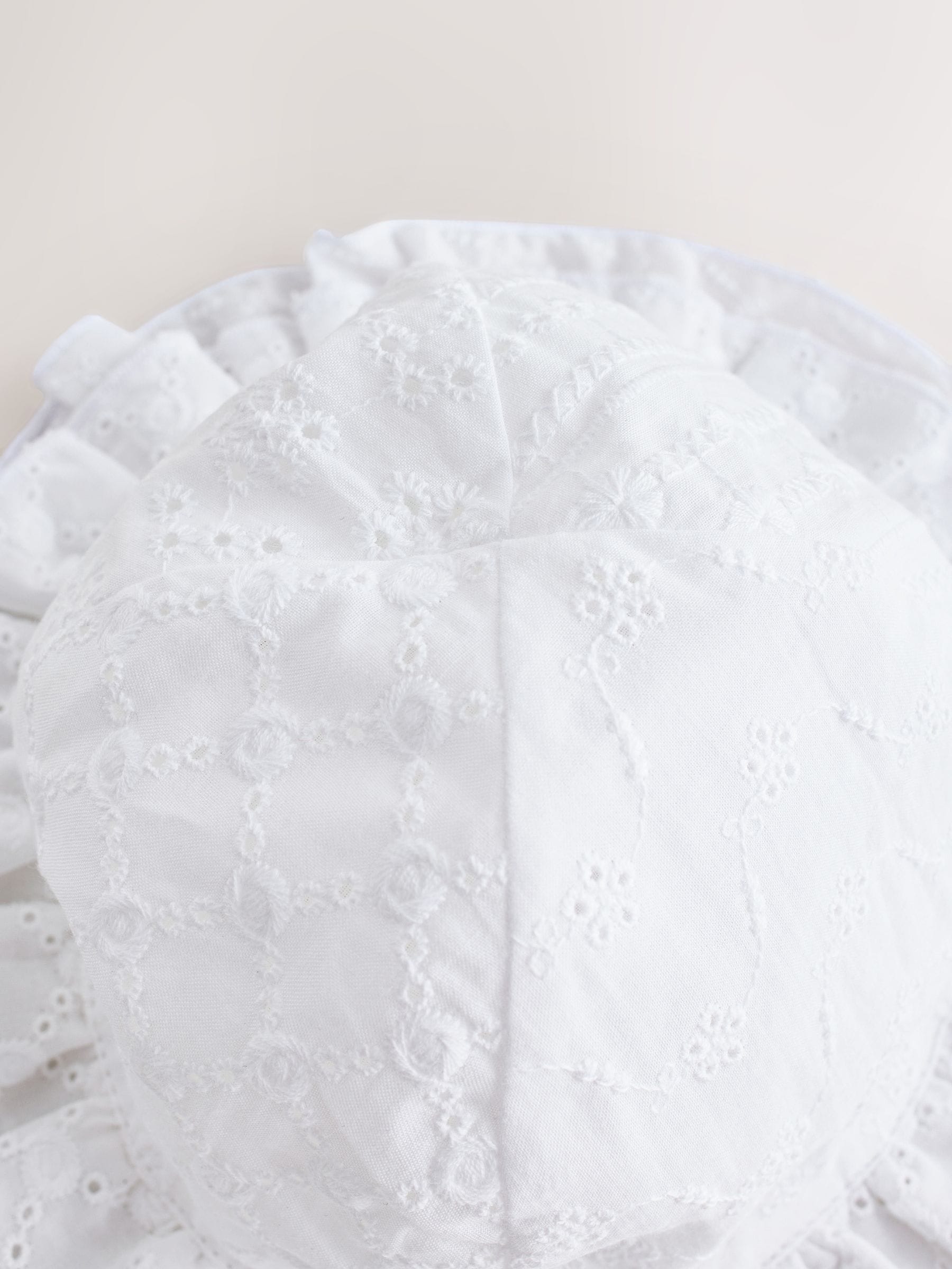 White broderie bucket baby hat, imported from the UK