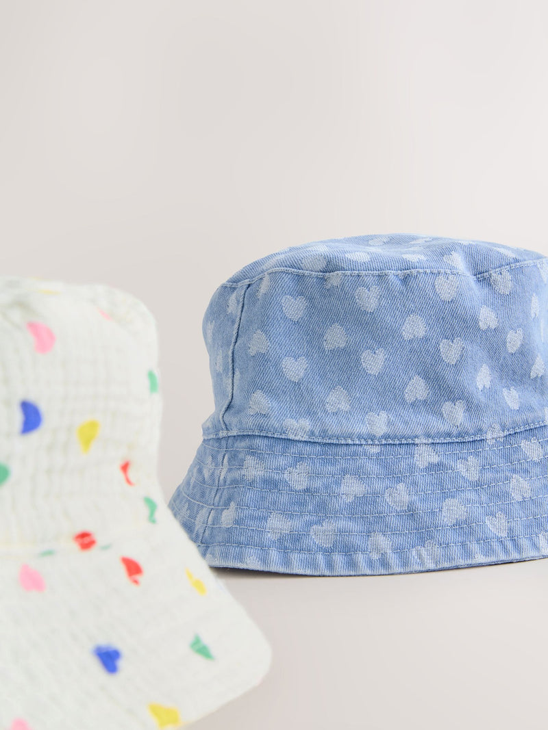 Baby bucket hats 2 pack white blue heart prints, UK version