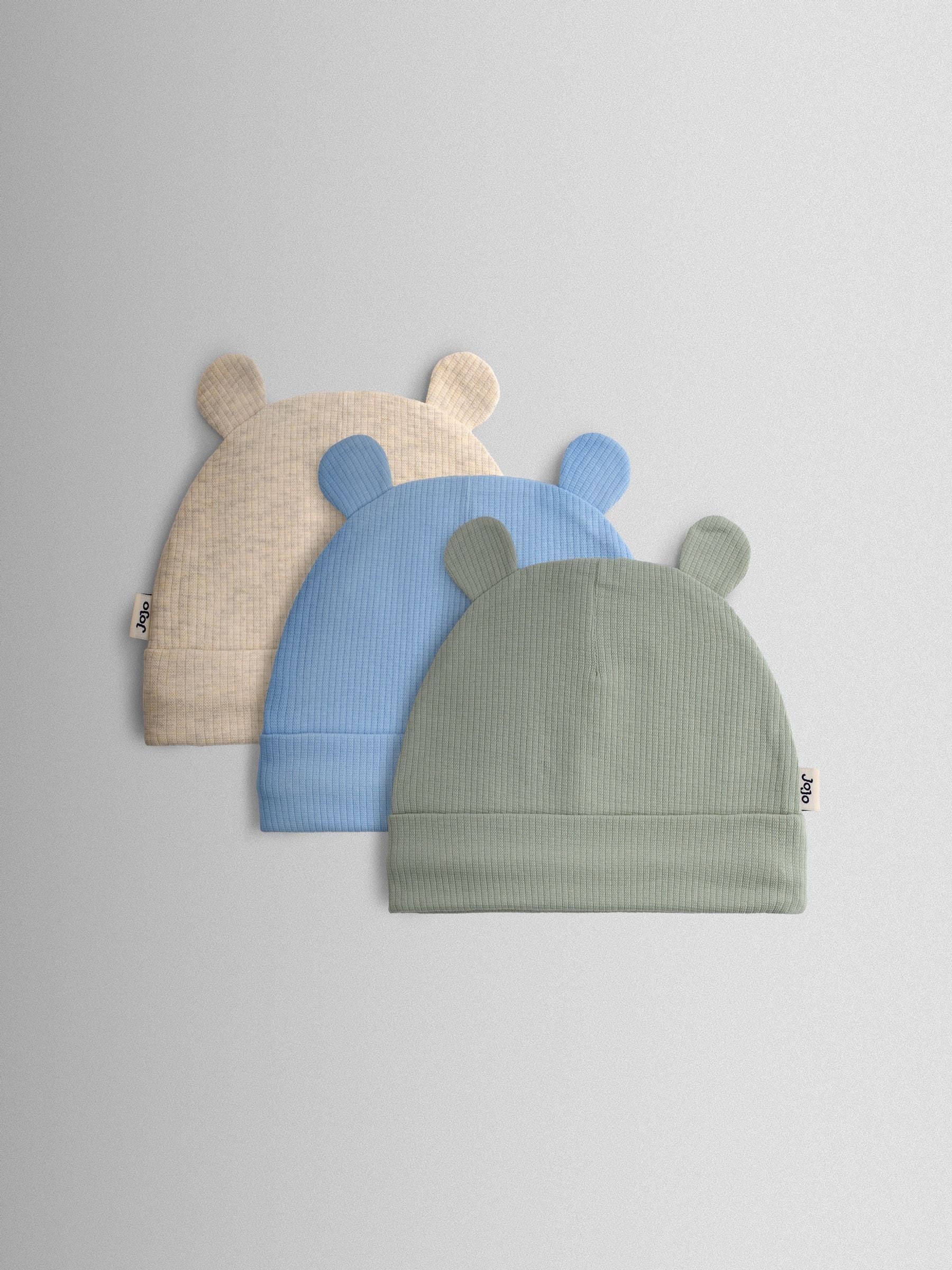 JoJo Maman Bébé bear hat 3-pack in sage, blue, beige, UK version