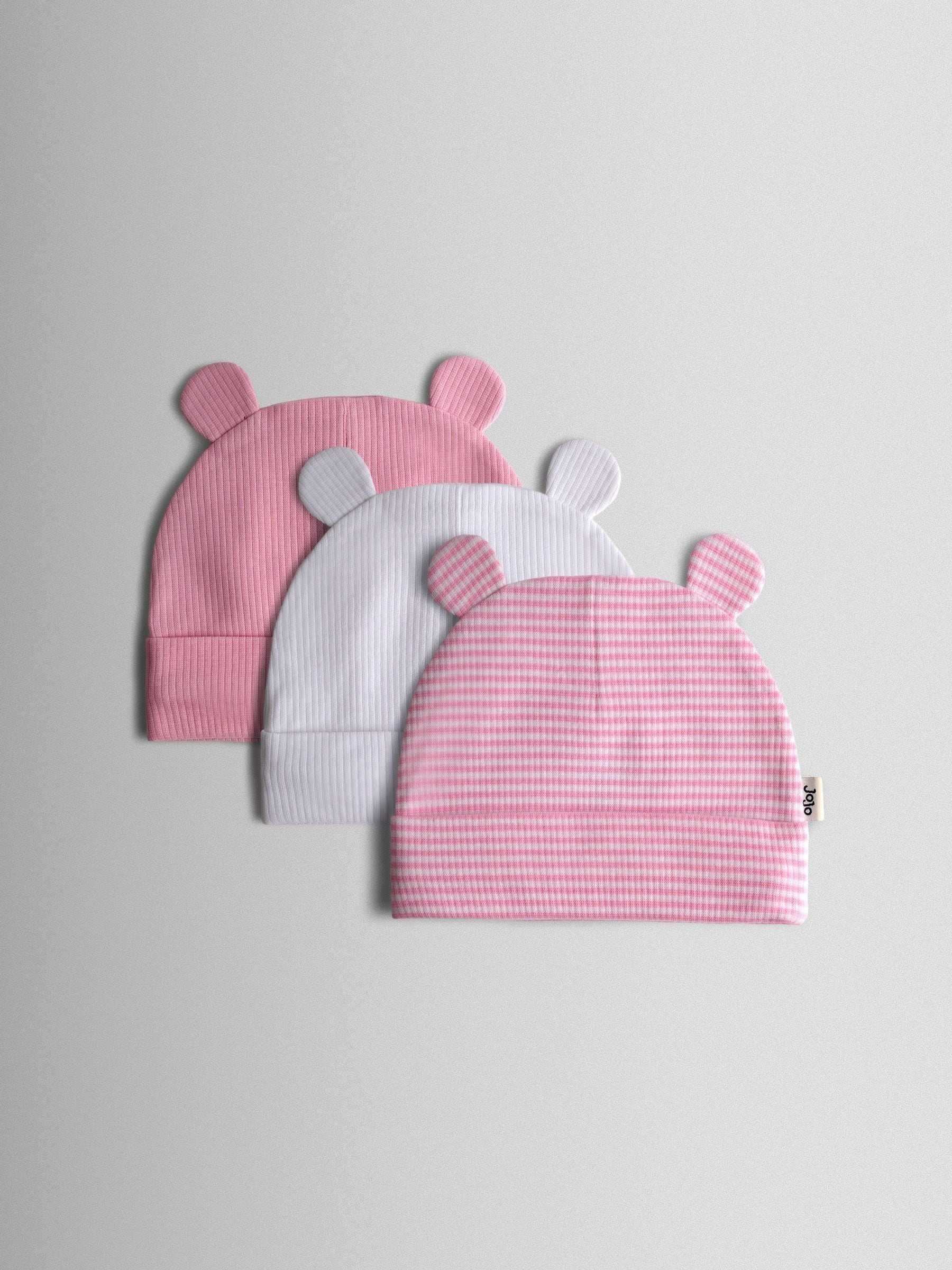 JoJo Maman Bébé 3-pack baby bear hats with 3D ears, imported from the UK