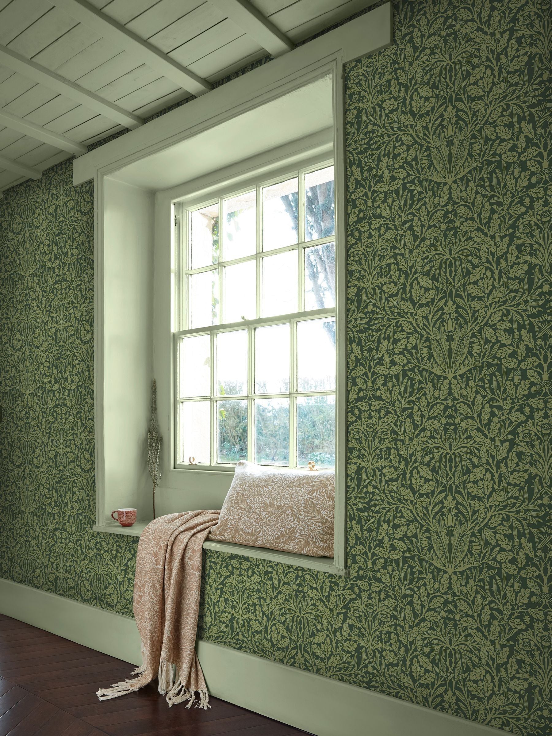 William Morris Garden Green Acorn wallpaper sample A4 (British brand)