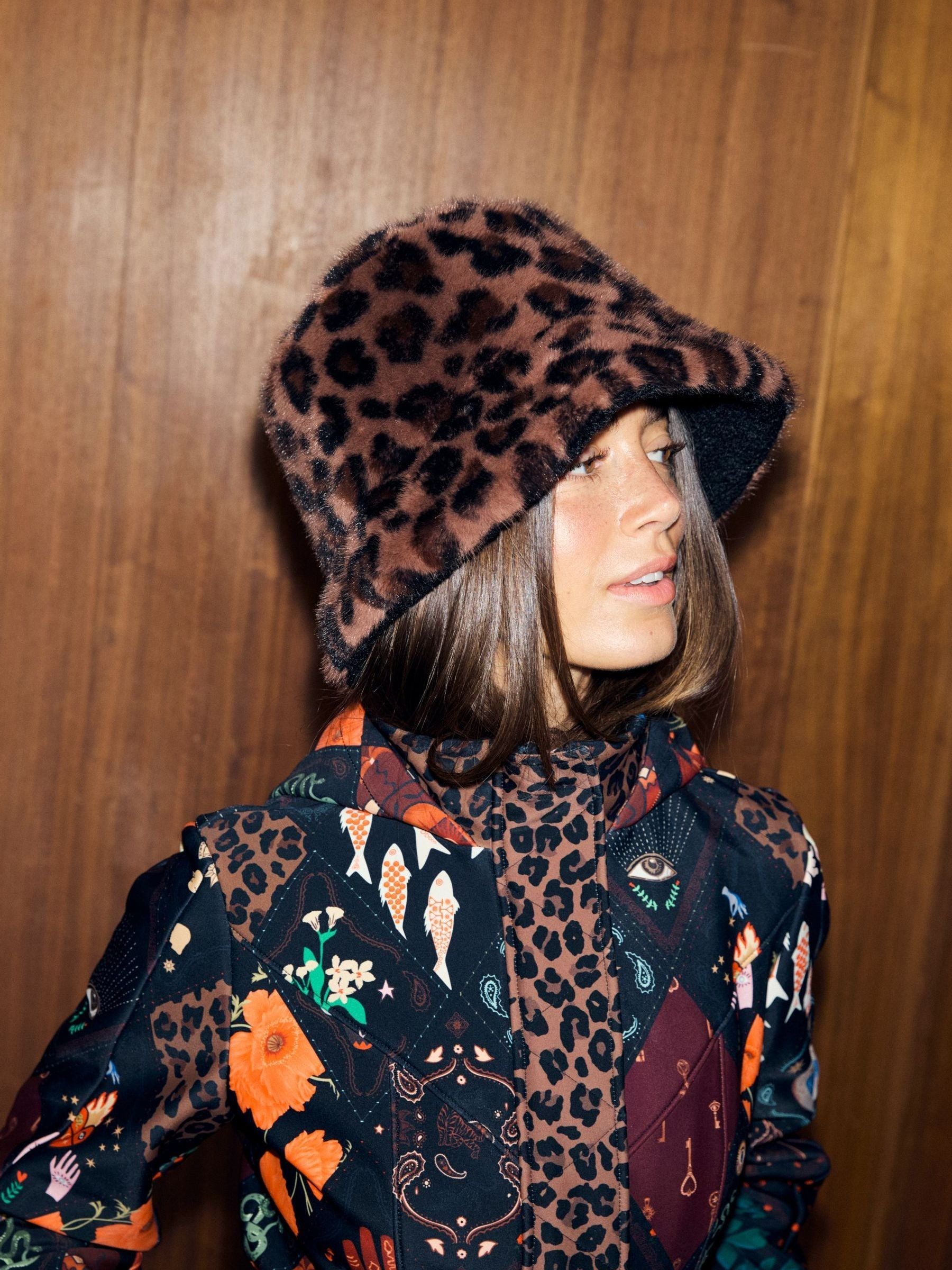 Never Fully Dressed leopard reversible borg fur bucket hat (British brand)