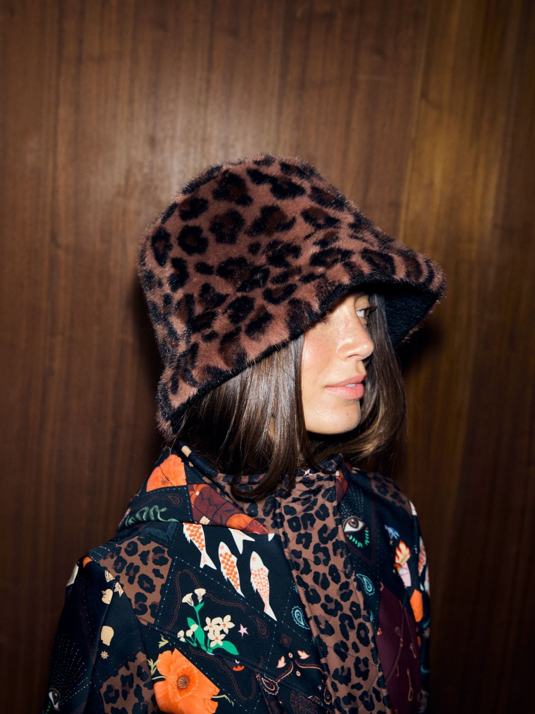 Never Fully Dressed leopard reversible borg fur bucket hat (British brand)