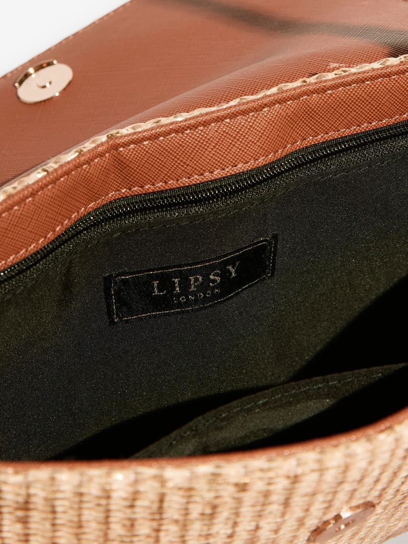 Lipsy gold raffia shoulder bag with floral hardware - British product