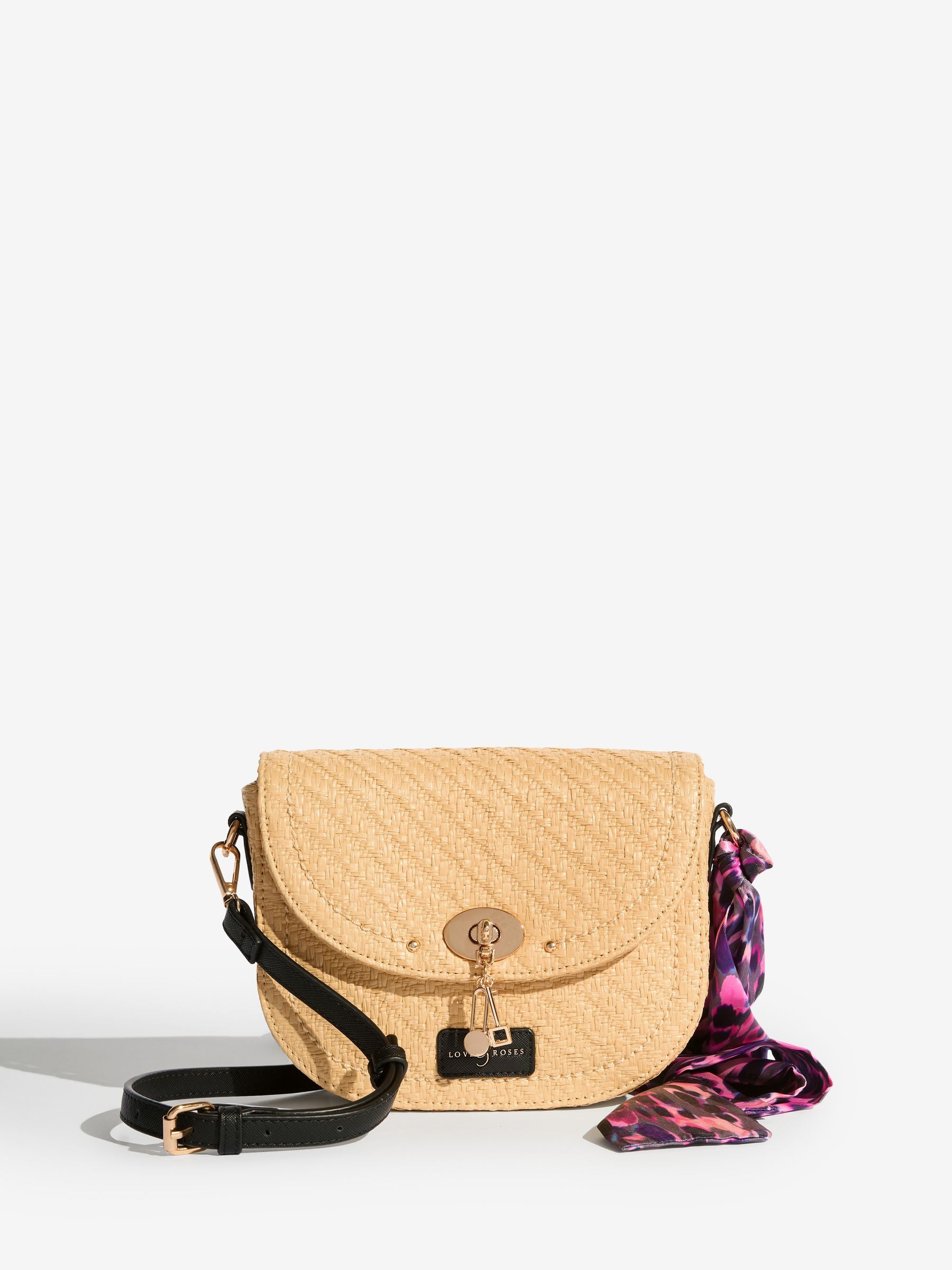 Love & Roses Raffia Saddle cross-body bag, imported from the UK