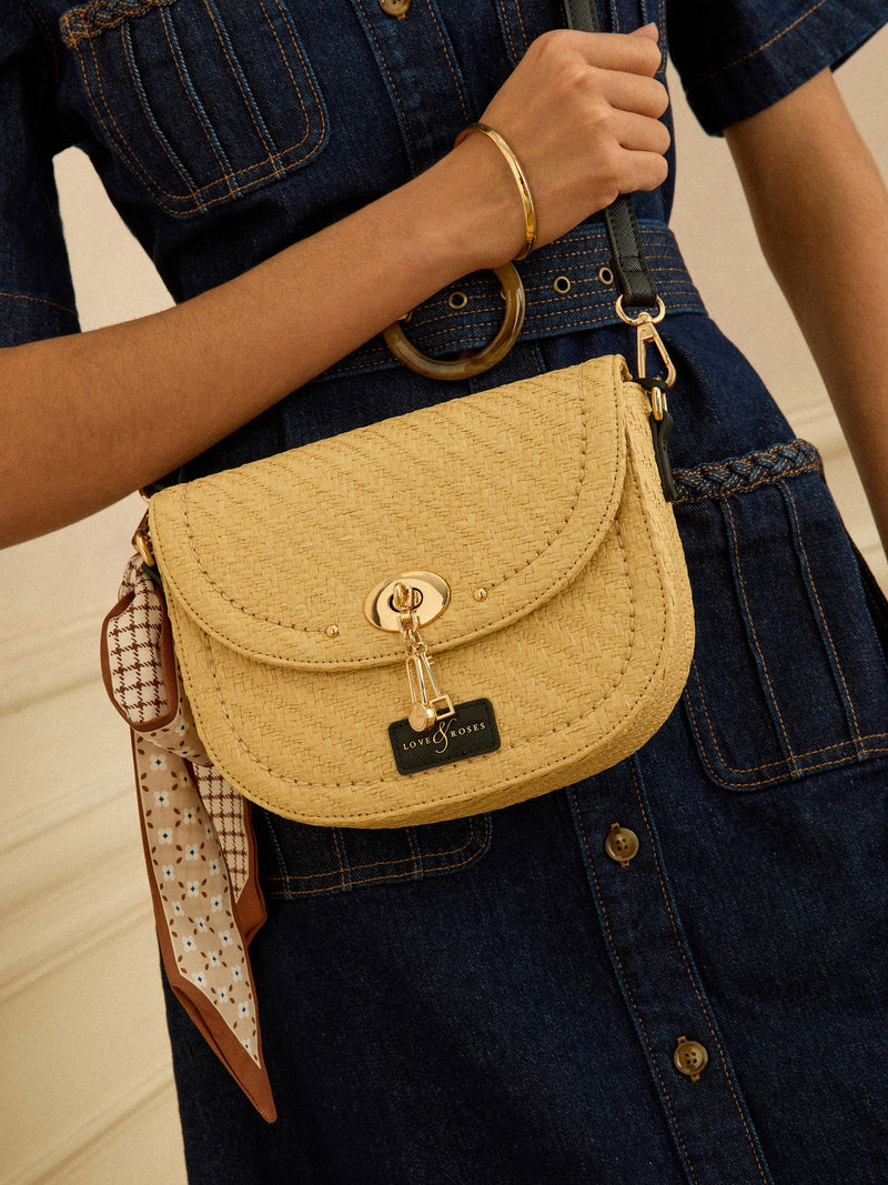 Love & Roses Natural Raffia Saddle Cross-Body Bag