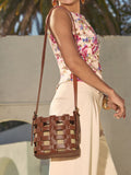 Love & Roses Tan Brown Raffia Weave Basket Cross-Body Bag