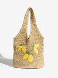 Love & Roses natural lemon embroidered raffia tote bag (British brand)