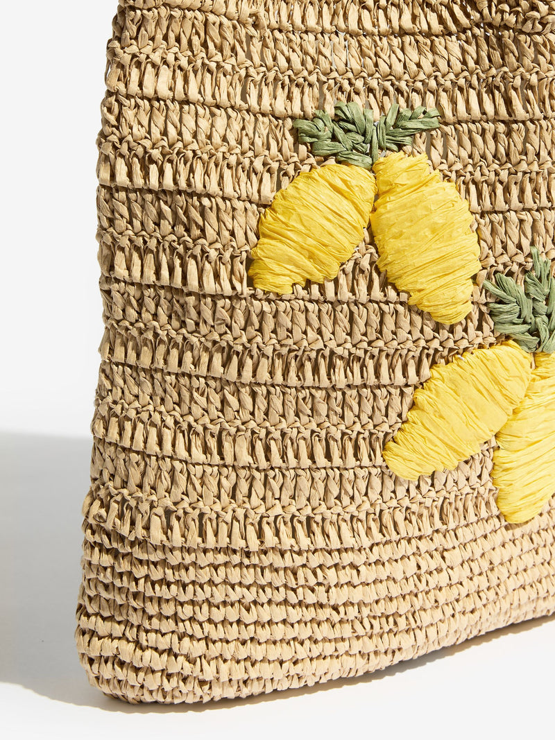 Love & Roses natural lemon embroidered raffia tote bag (British brand)