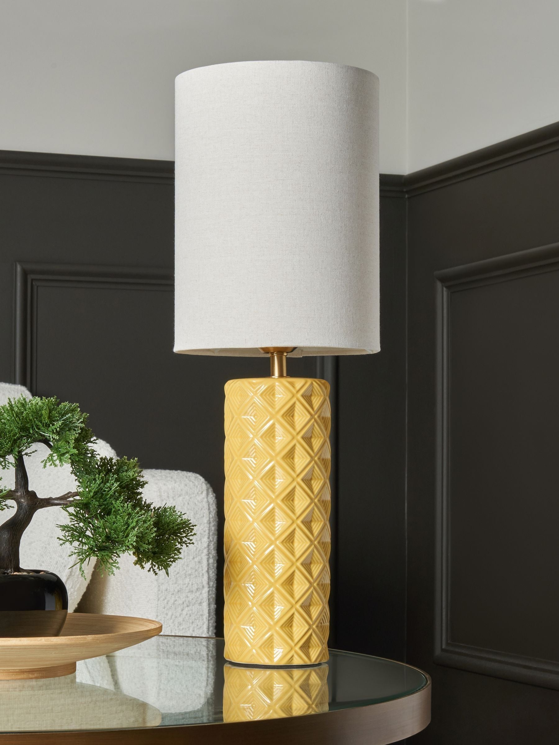 BHS yellow Halden lamp with cylinder shade (British brand)